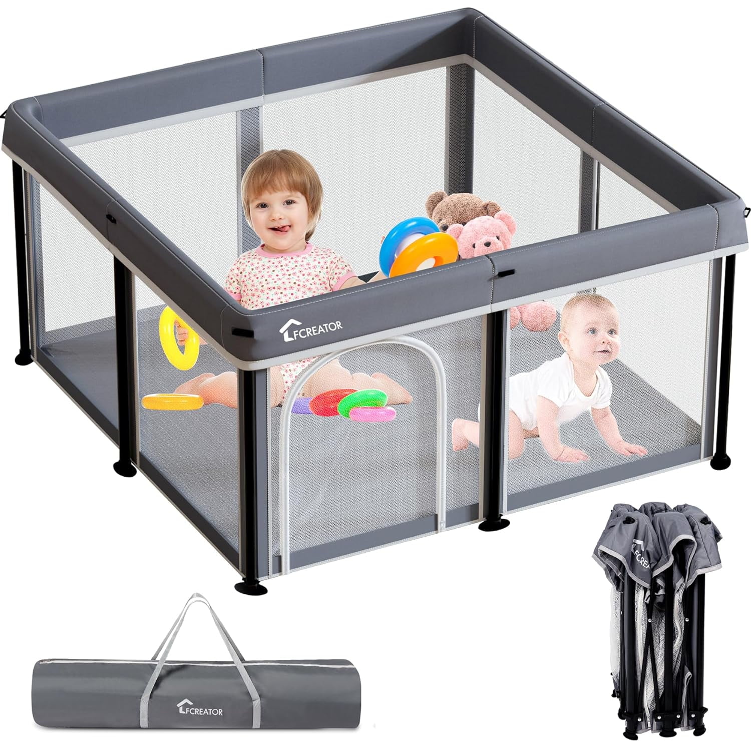 Foldable Baby Playpen, Playpen for Babies and Toddlers Indoor & Outdoor,Baby Activity Center with Visible Breathable Mesh,50”×50”（Grey）