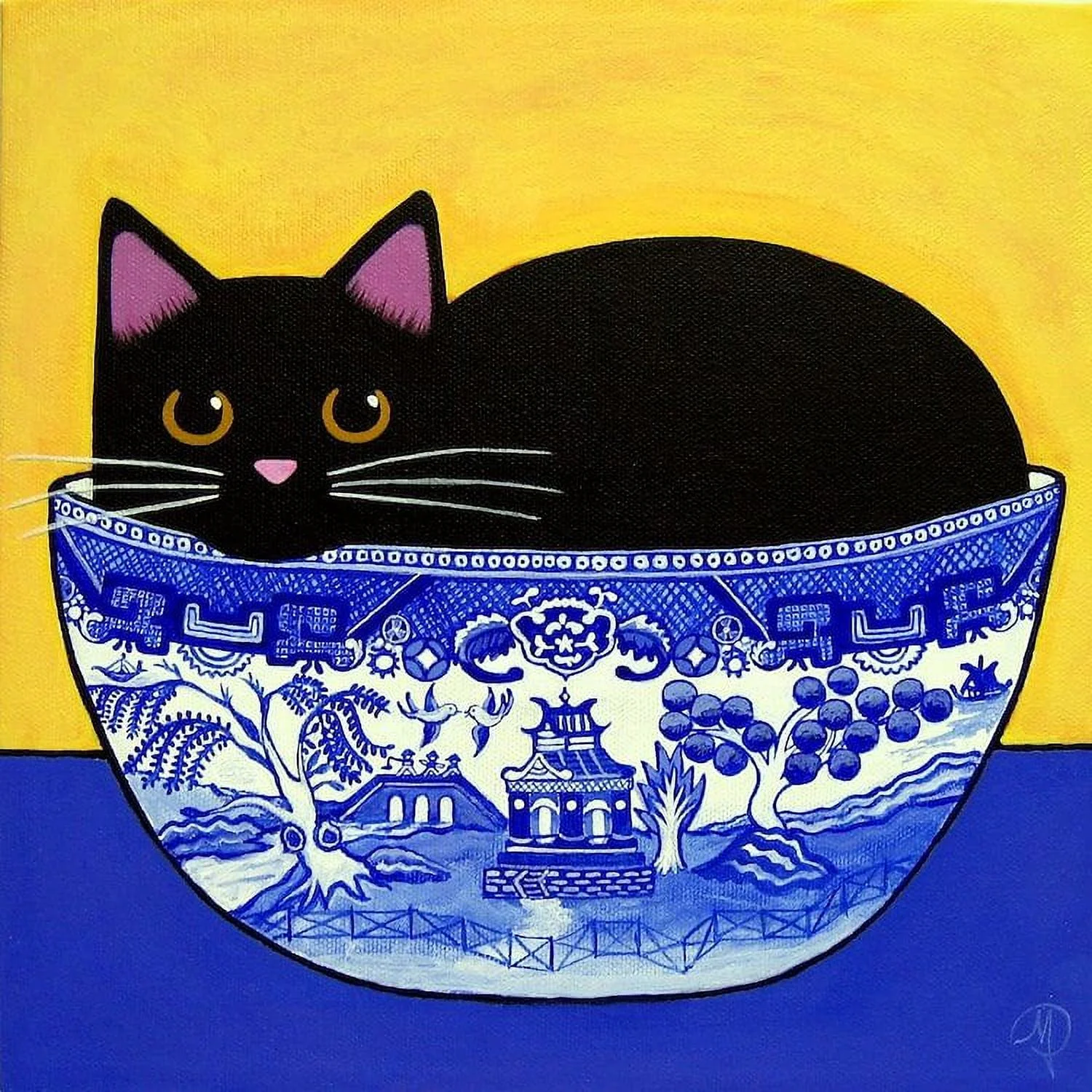 CafePress - Black CAT In Blue Willow Bowl Mug - 11 oz Ceramic Mug - Novelty Coffee Tea Cup