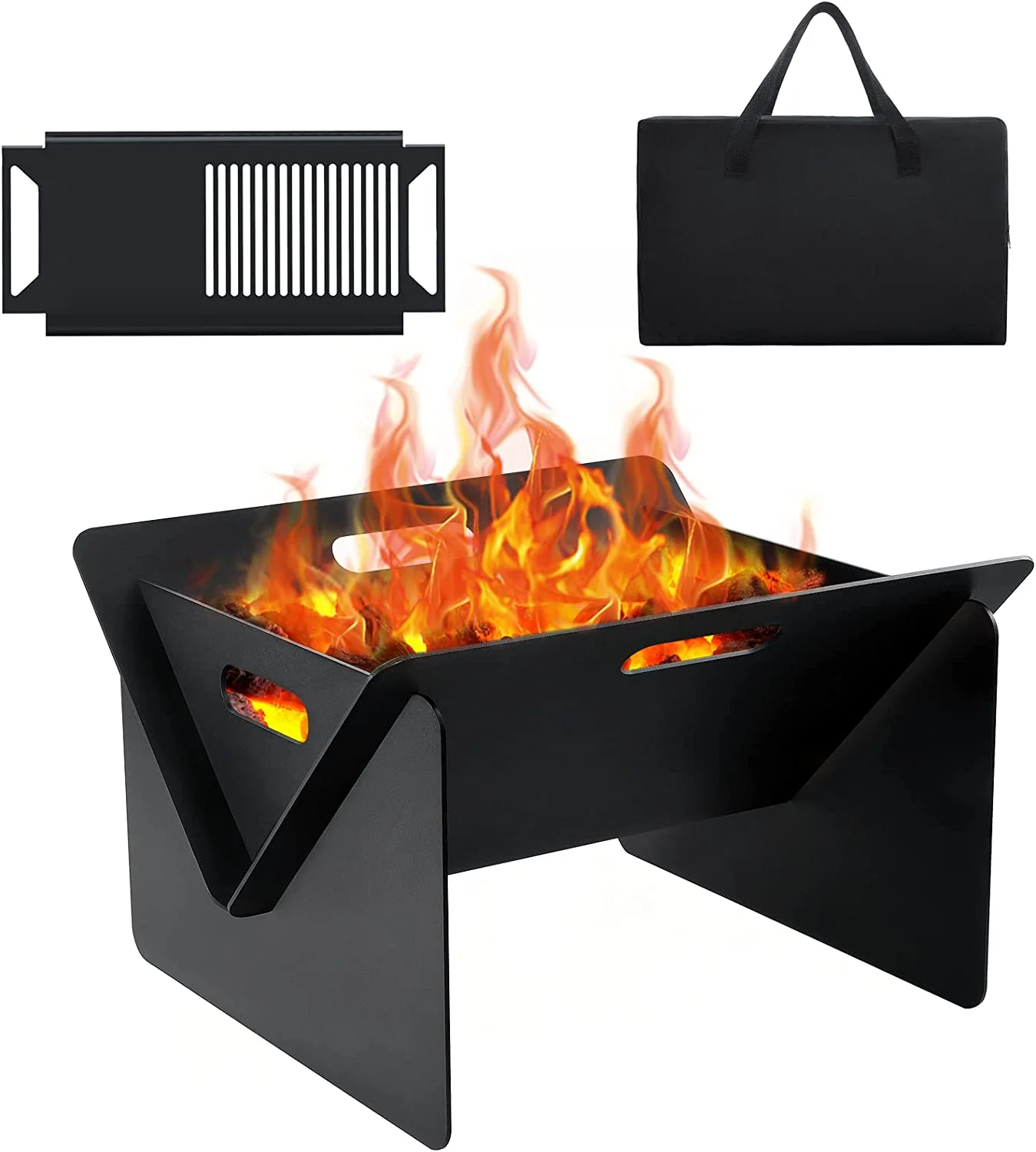 Fire Pit, 18/20 inch Outdoor Wood Burning with Grill Pan, 2 in 1 Metal Fire Pit Stove Backyard Patio Garden Fireplace for Camping, Outdoor Heating, Bonfire and Picnic