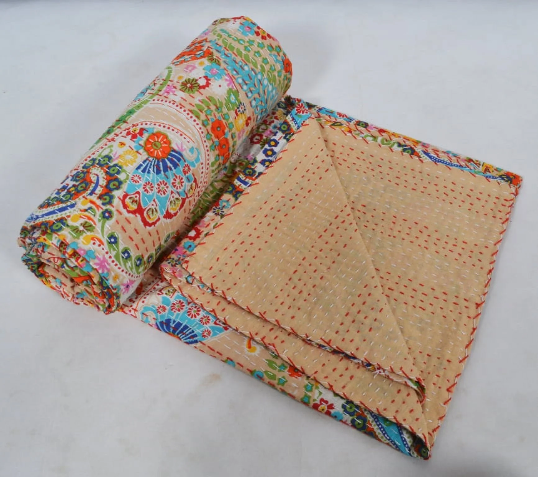 Reversible Bohemian Blanket Beige Paisley Hand Quilted Coverlet Indian Handmade Beige Cotton Kantha Quilts Bedspread Bedding Hippie Throw Ralli