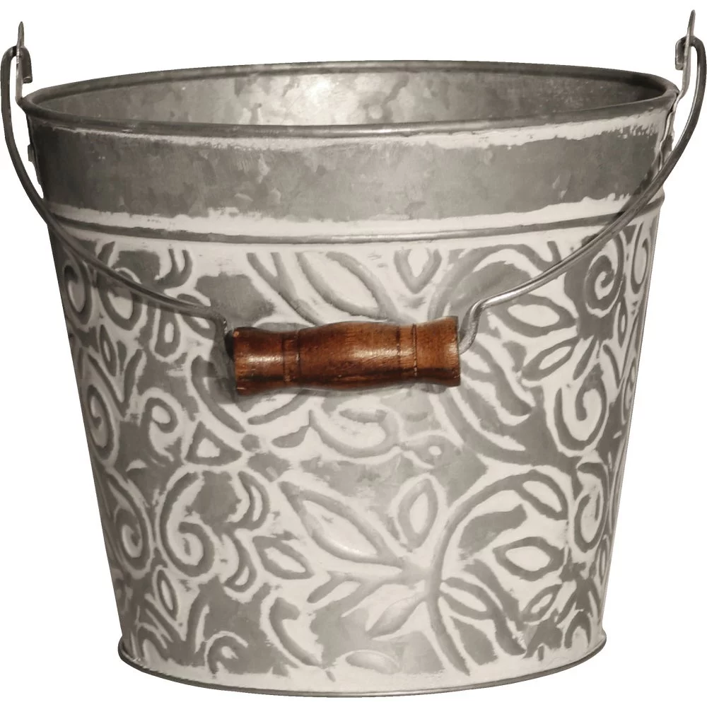 1 PK, Robert Allen MPT01632-Robert Allen Vintage 8 In. White Wash Floral Galvanized Metal Planter