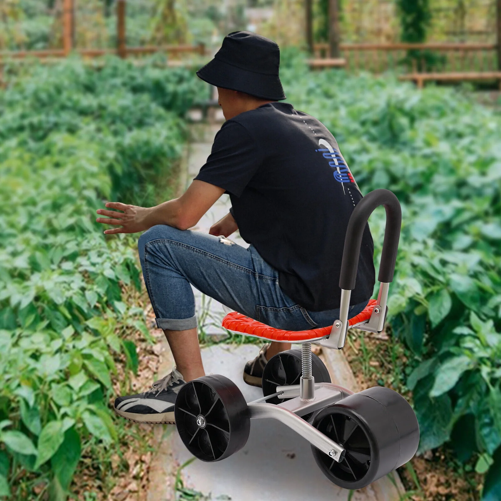 Height Adj. 360° Rotates Gardening Seats W/3 Rolling Wheels Stool Kneeling Pad