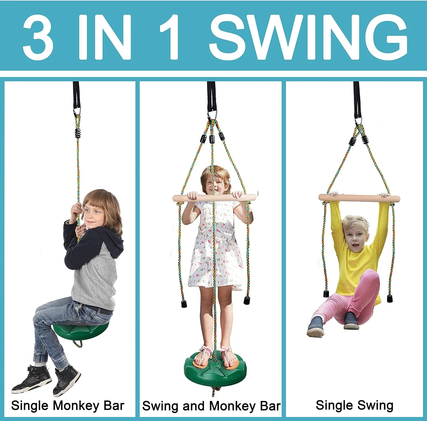 Swing for Kids Disc Swing Tree Swing Set Accessories Rope Swing Adjustable Swing Set with Monkey Bars 1 Carabiner 2 Added Hanging Straps, 3 in 1 Heavy Duty Swingset for Zipline Outdoor Backyard