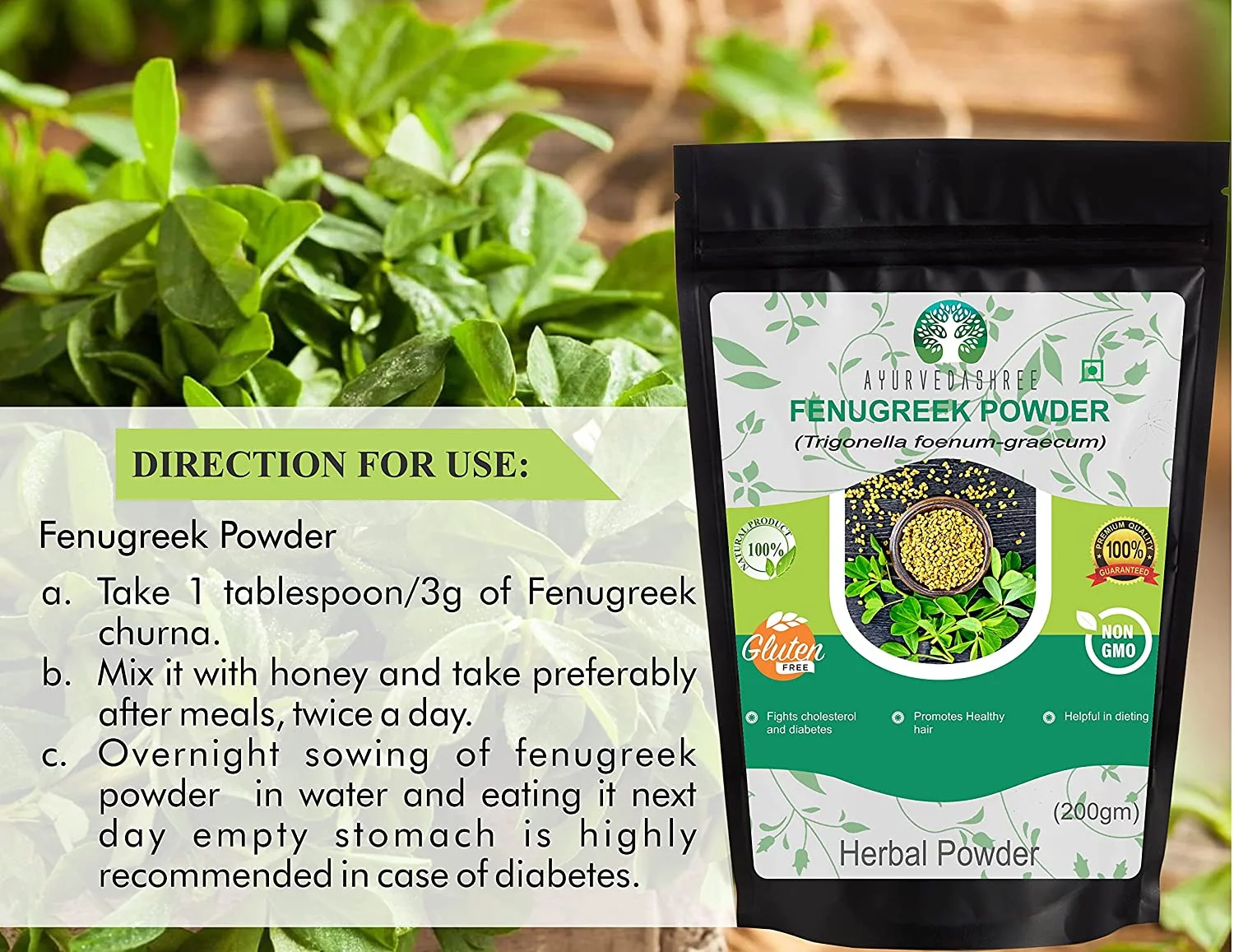 AYURVEDASHREE Fenugreek Seeds Powder 200 Gm, Trigonella foenum-graecum Sd., Methi Powder, Spice Indian Cuisine, Hair Care.