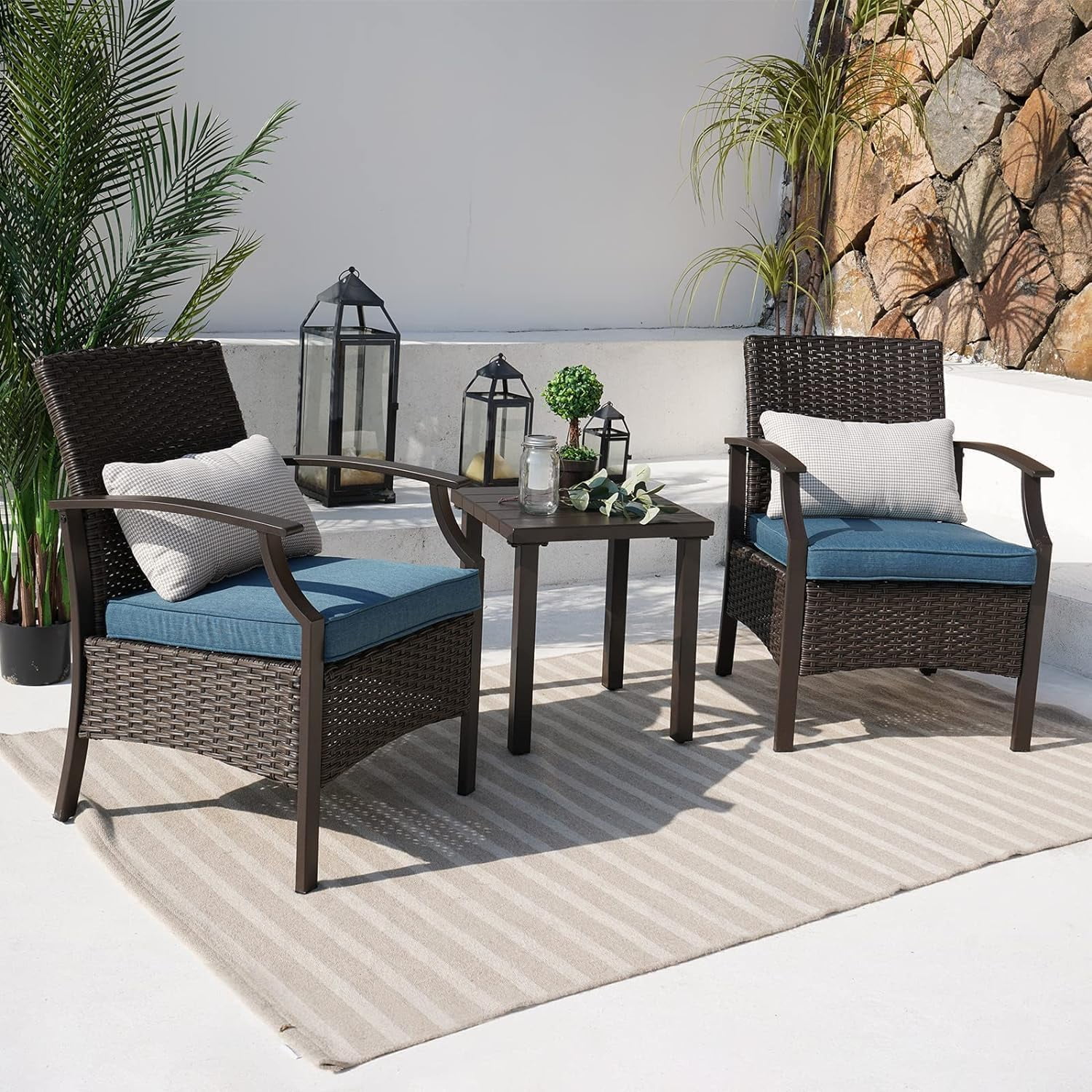 Dina 5-Piece Outdoor Conversation Sets Wicker Patio Chairs with Olefin Cushions Ottomans and Coffee Table for Balcony Backyard Garden Poolside (Gray)