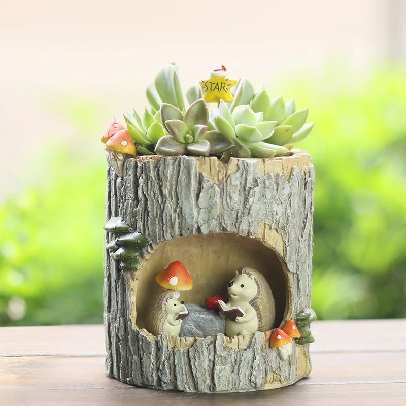 Whimsical Resin Planters for Creative Home Decor - Fun Cartoon Design with Miniature Landscape and Multiple Succulents