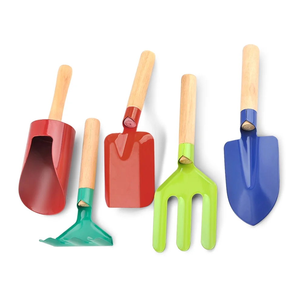 5 Piece Kids Beach Tools,Children Beach Sand Toys, Made of Metal with Sturdy Wooden Handle,Safe Beach Gardening Set, Fork, Trowel, Rake & Shovel for Kids