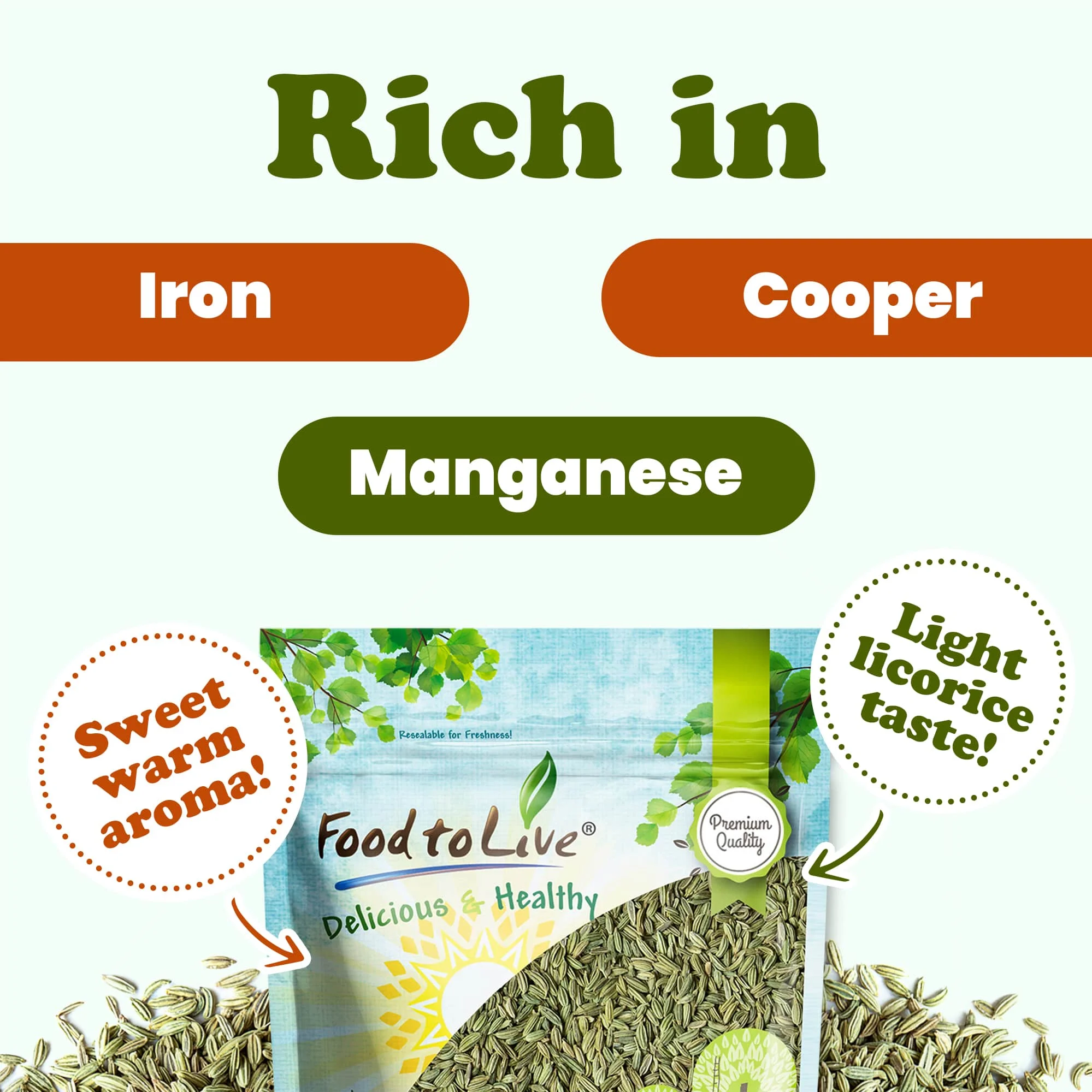 Food to Live, Fennel Seeds, Non-GMO Verified, 1 Pound, Raw