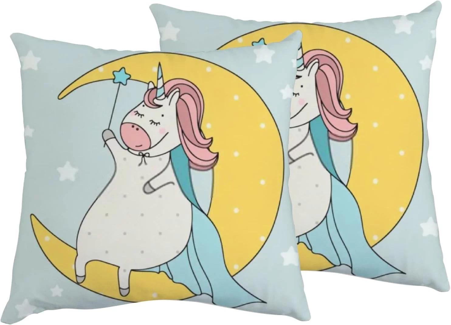 Wellsay Square 2 Pieces Pillowcases Cute Wizard Unicorn Sitting on The Moon Zippered Throw Pillow Case Cushion Pillow Covers Protectors for Home Car Decoration 16x16in