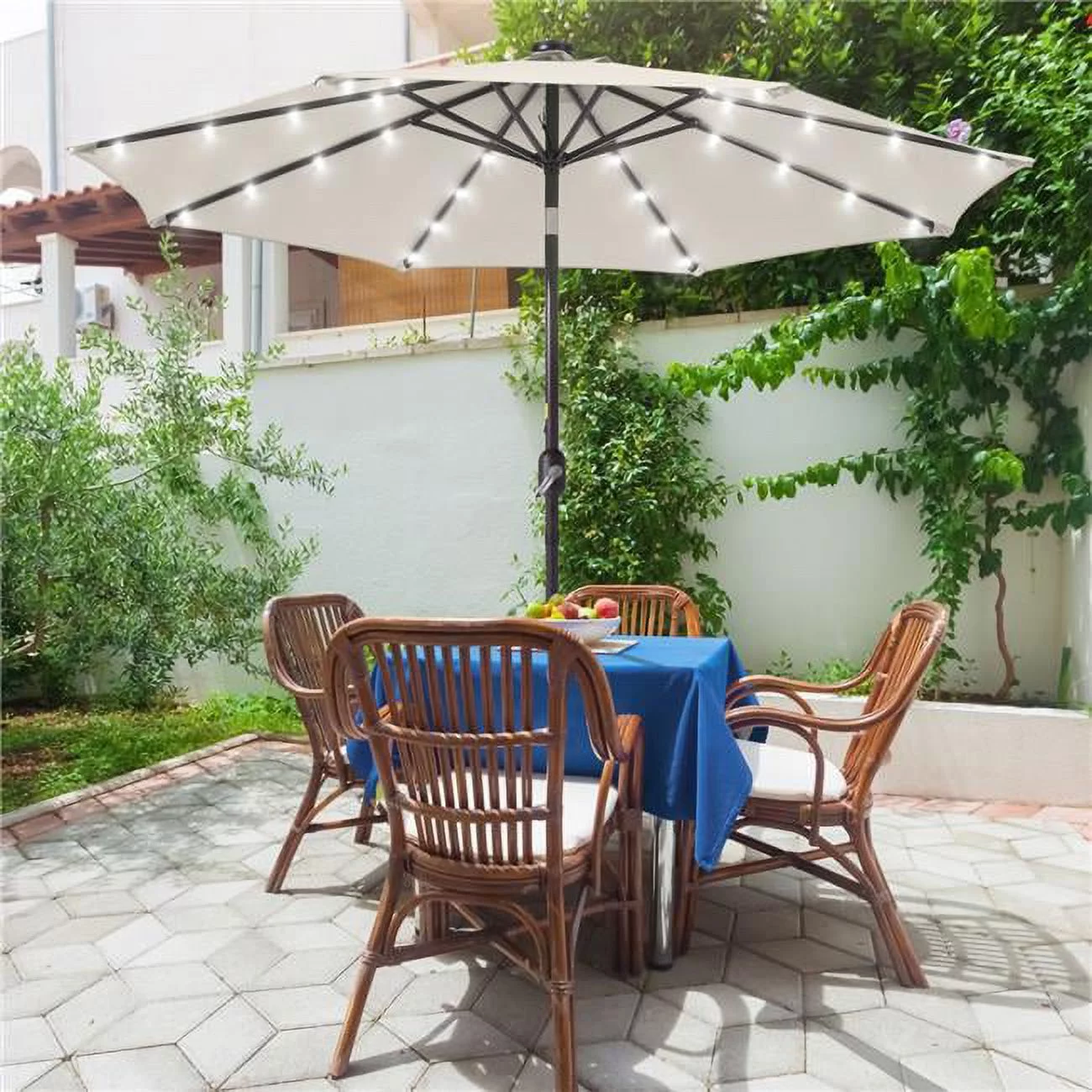 SANLUCE  9 ft. Solar Lighted LED Outdoor Patio Market Table Umbrella in Beige, UV-Resistant Canopy and Tilt Button