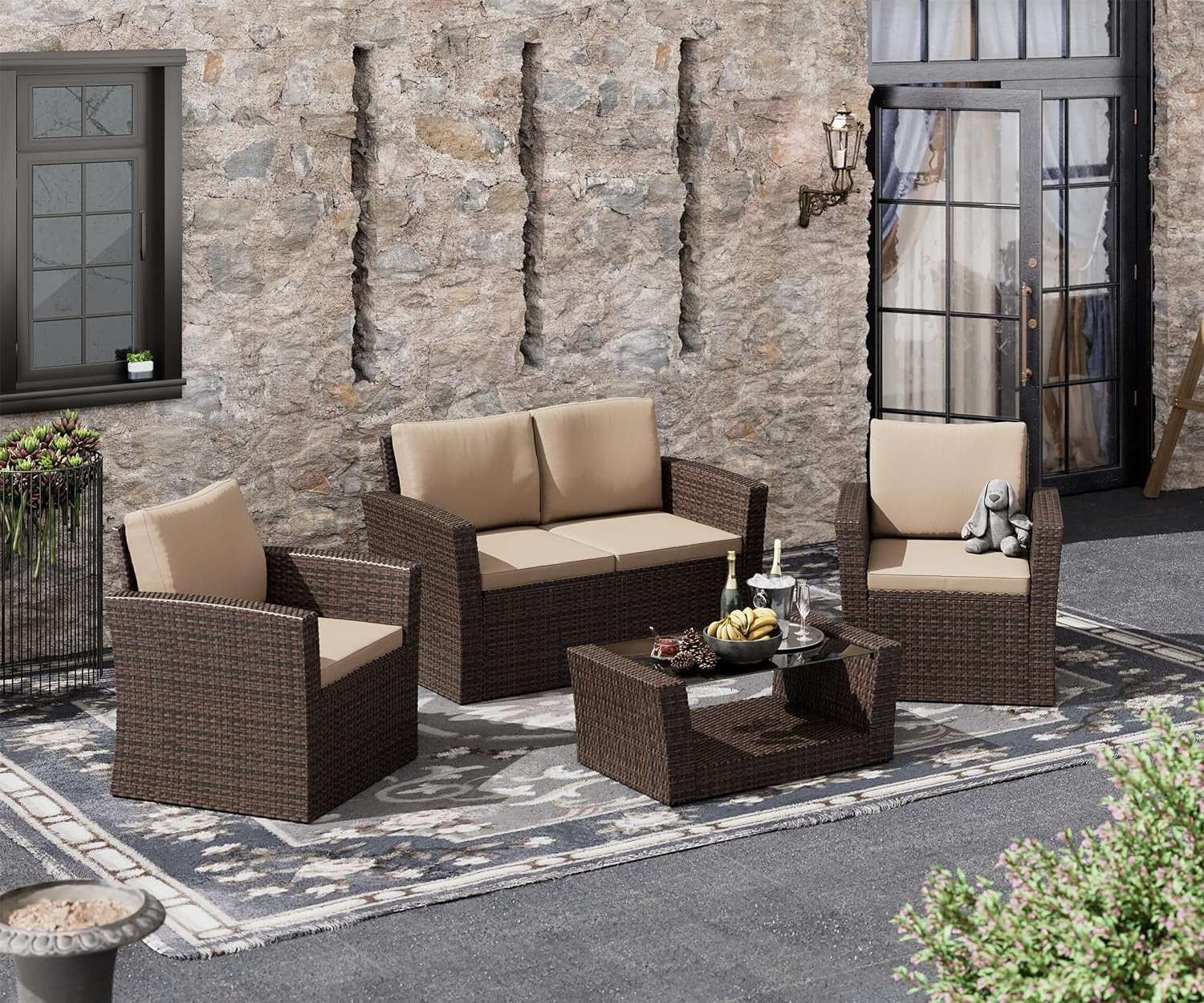 Dina 4PCS Patio Furniture Set  Outdoor Conversation Sets with Rattan Chair Table  Wicker Loveseat Sofa Bistro for Garden  Pool  Backyard