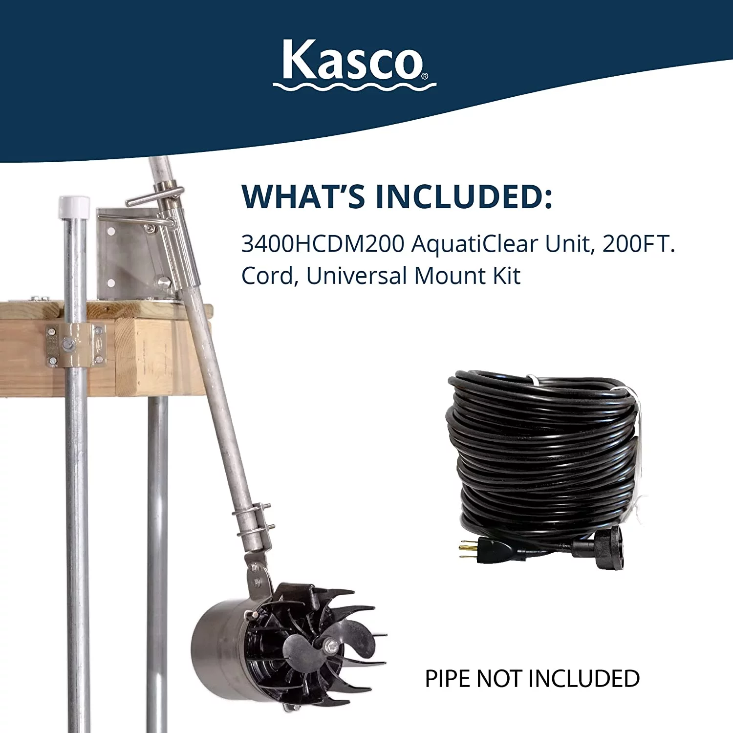Kasco AquatiClear Water Circulator w/ Universal Mount, 3/4 HP w/200 ft. Power Cord, Clog-Resistant Water Circulation Pump to Keep Dock, Marina & Shoreline Free of Algae & Debris, 240 Volt