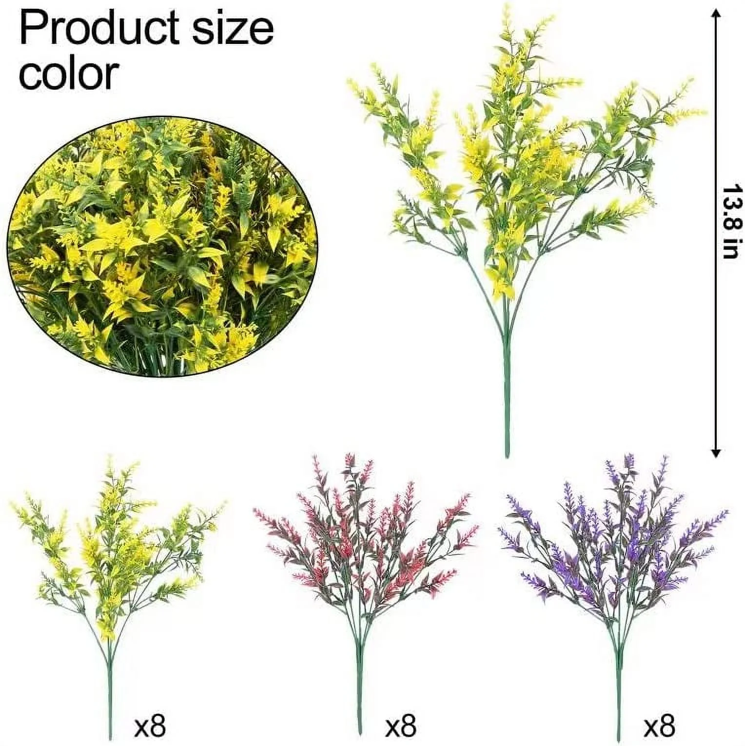 Morttic Artificial Flowers 24 Packs Outdoor Fake Flowers Faux UV Resistant Lavender Plastic Plants Garden Porch Window Box Indoor Outside Hanging Decorations(8 Yellow, 8 Purple, 8 Red)