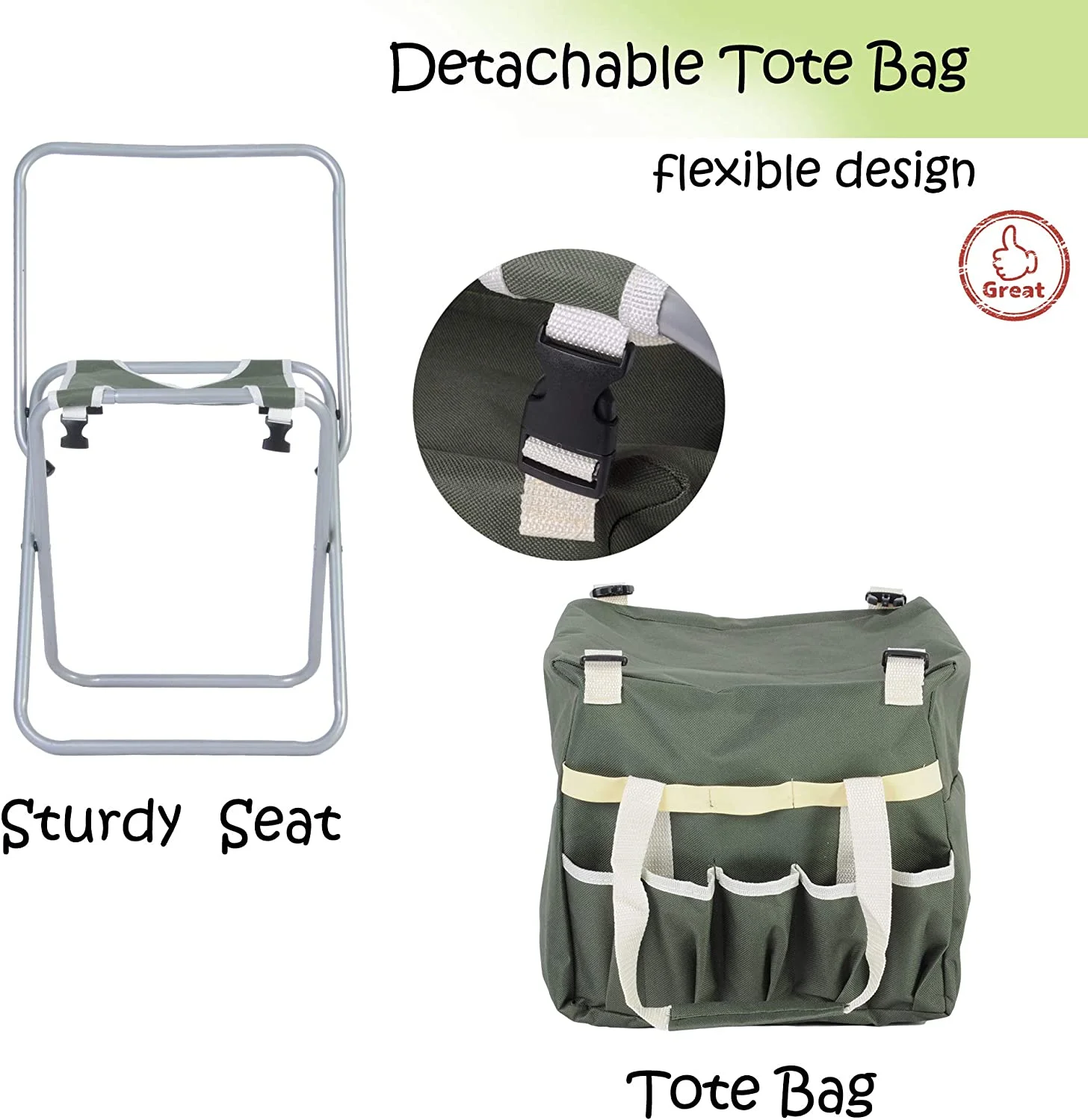 10 Piece Garden Tools Set with Garden Kneeler Seat Heavy Duty Gardening Tools Ergonomic Wooden Handle Sturdy Stool with Detachable Tool Kit