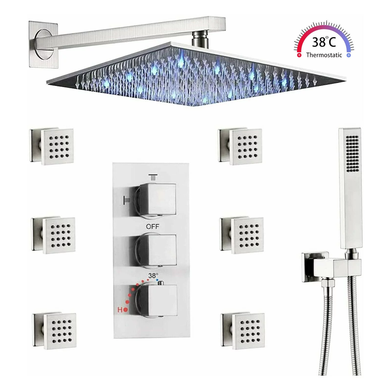 Zovajonia Shower System 12 Inches LED Thermostat Shower Faucet Set,   Rain Shower Head with Handheld Spray laundry jet system  Bathroom Wall Mount Shower Fixtures Brushed Nickel