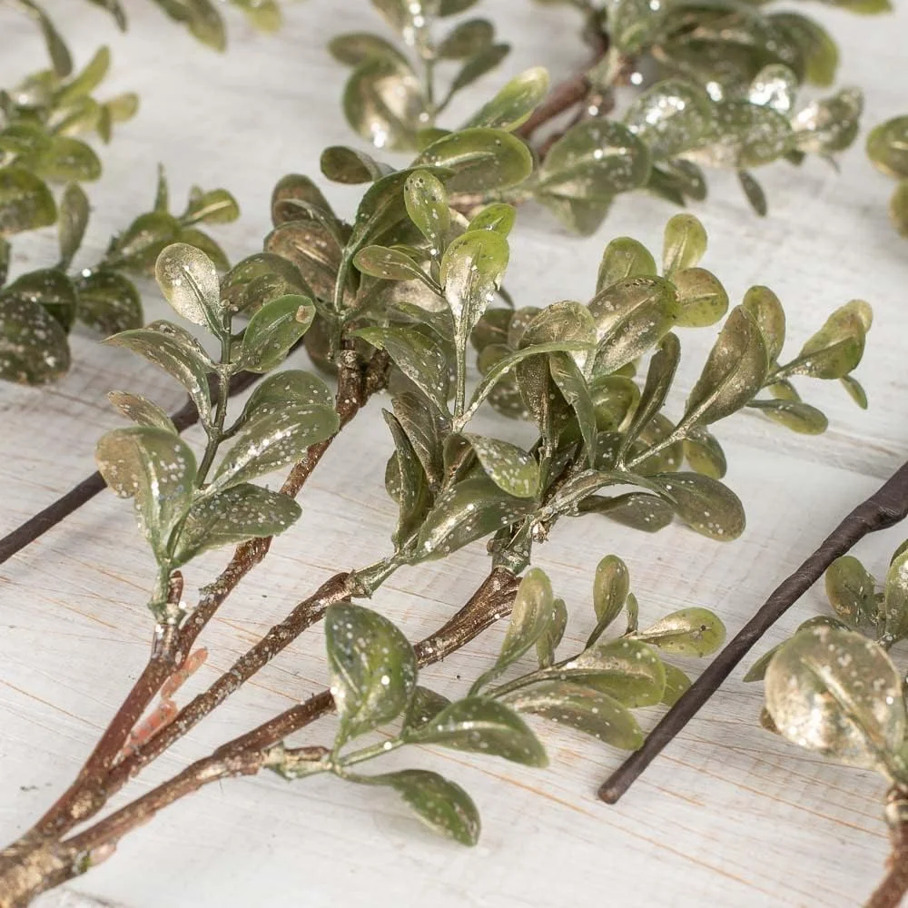 Group Of 12 Artificial Glittered Christmas Boxwood Stems For Flower Arrangements Wreaths Or Porch Pots - 11 Inches