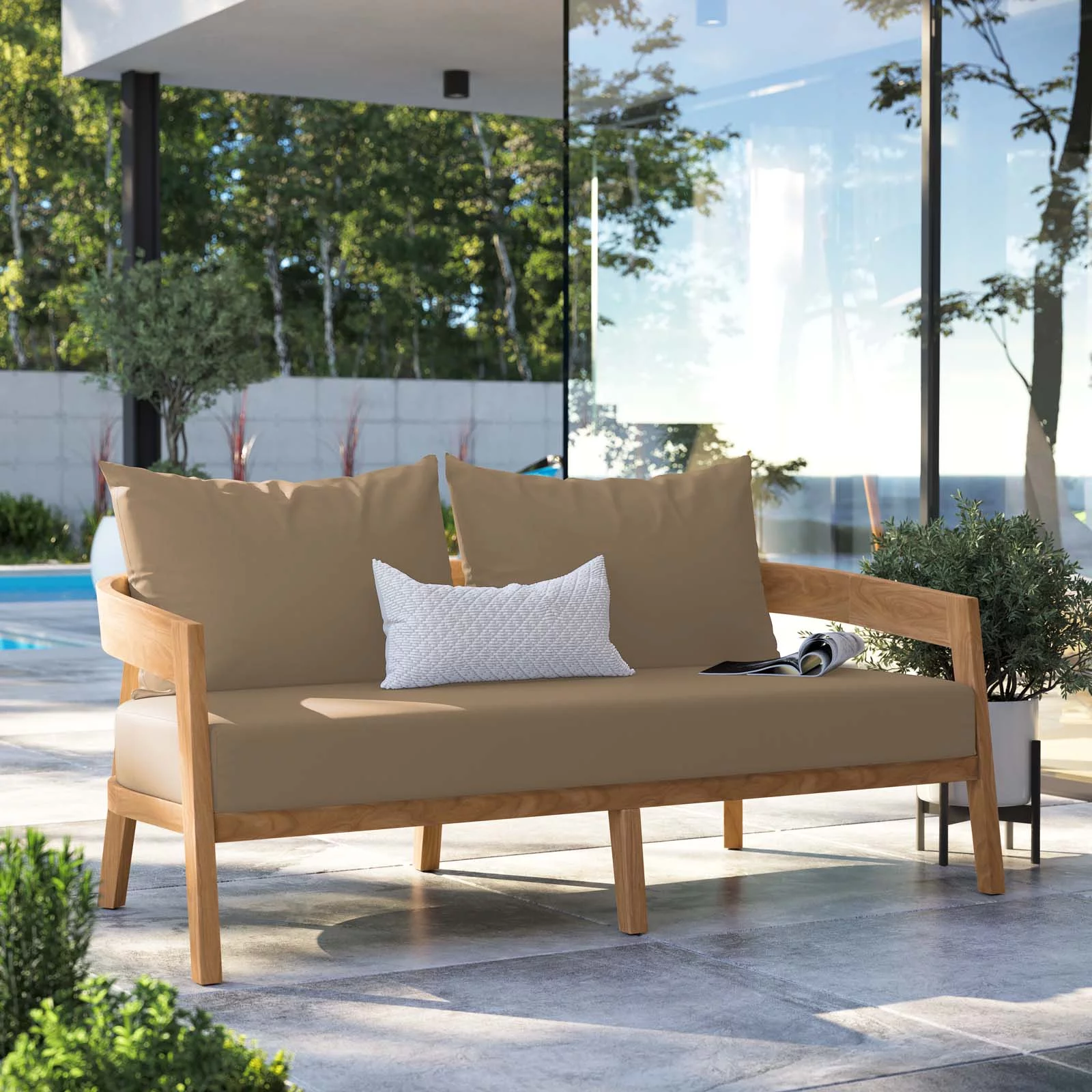 Lounge Loveseat Sofa, Brown Natural, Teak Wood, Fabric, Modern Contemporary, Outdoor Patio Balcony Cafe Bistro Garden Furniture Hotel Hospitality