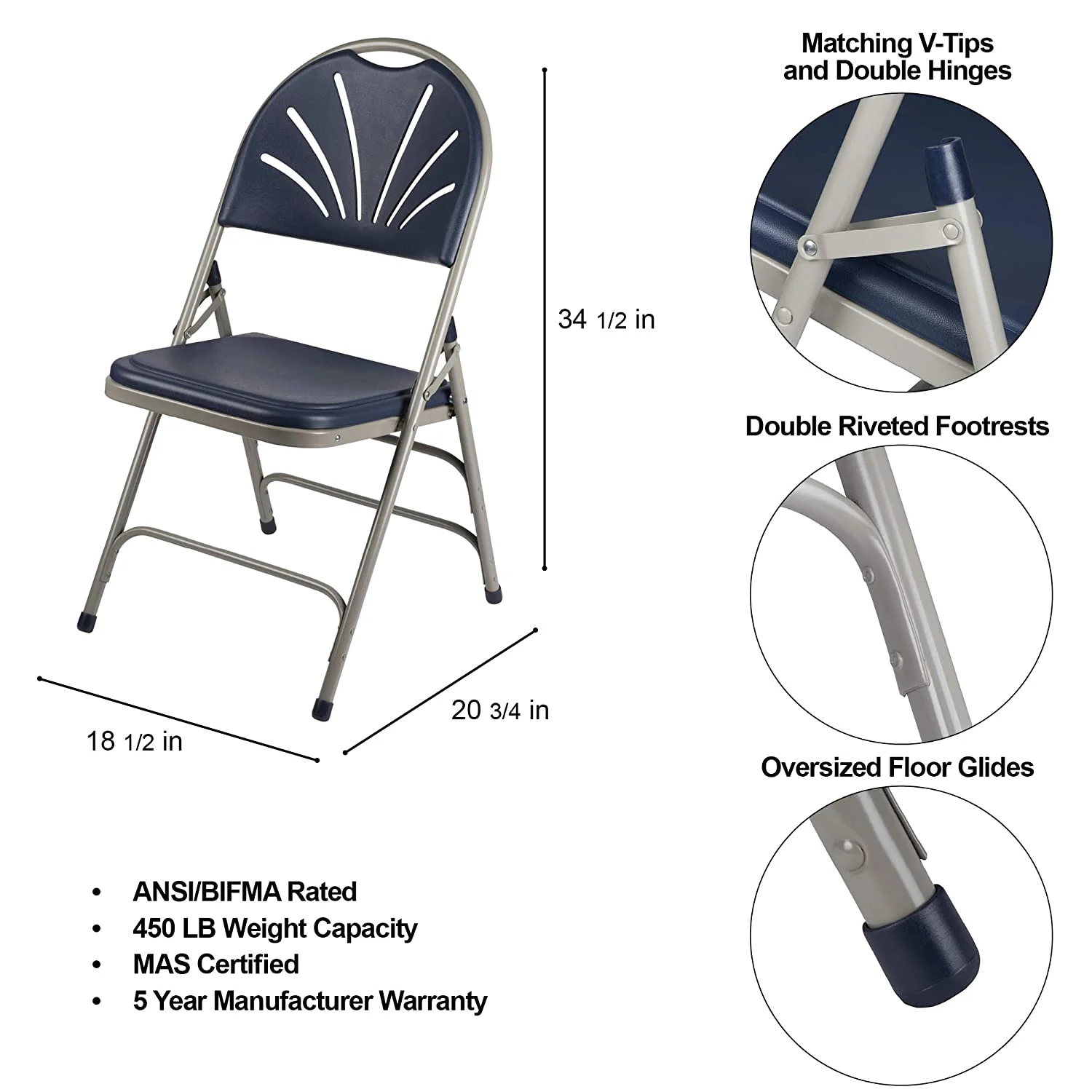 MINGFENG Heavy Duty Plastic Fan Back Folding Chair with Triple Brace, Navy