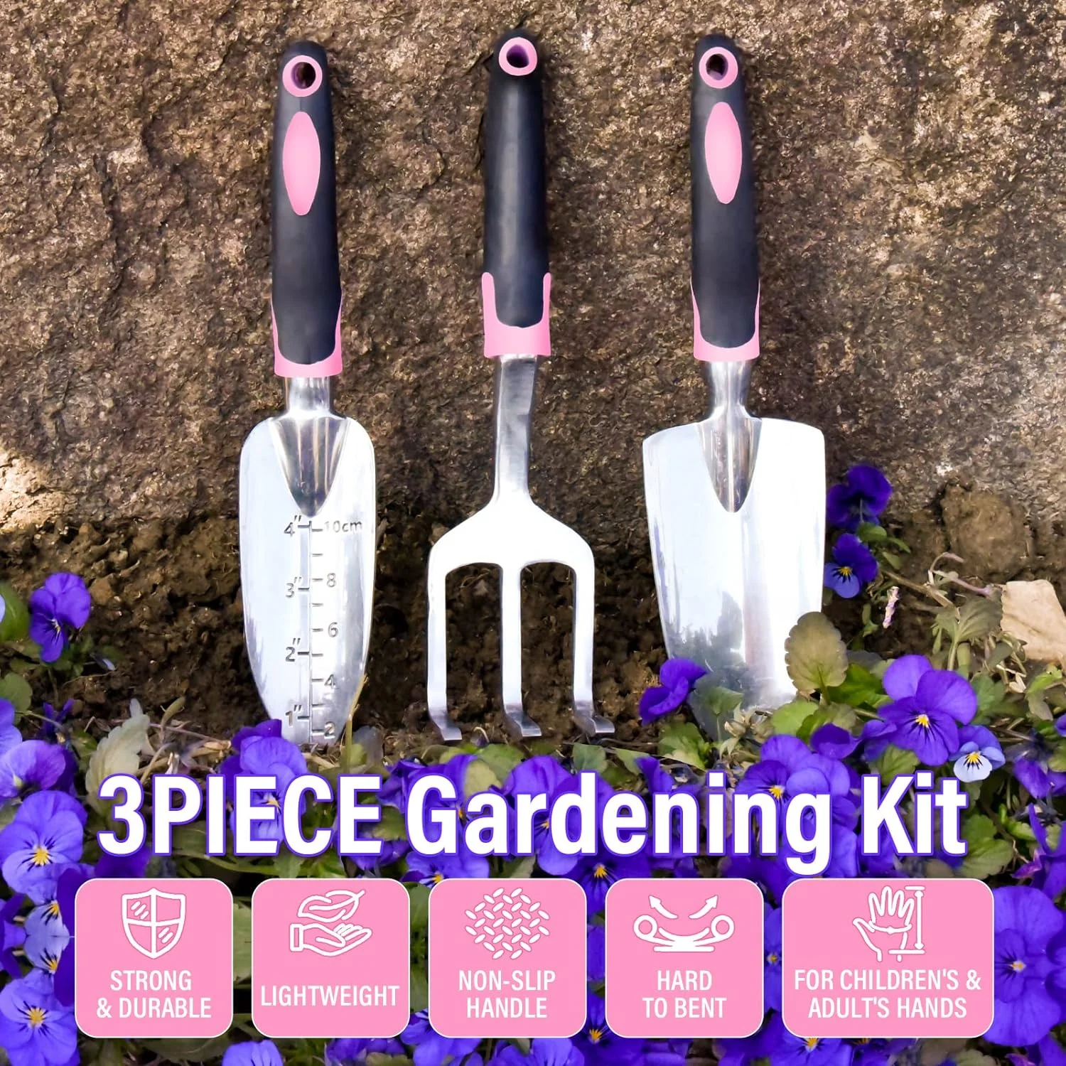 Garden Tool Set Heavy Duty 3 Piece Gardening Hand Tools Aluminum Garden Shovel for Planting Hand Trowel Cultivator Rake with Ergonomic Non-Slip Rubber Grip Pink Gardening Gifts for Women