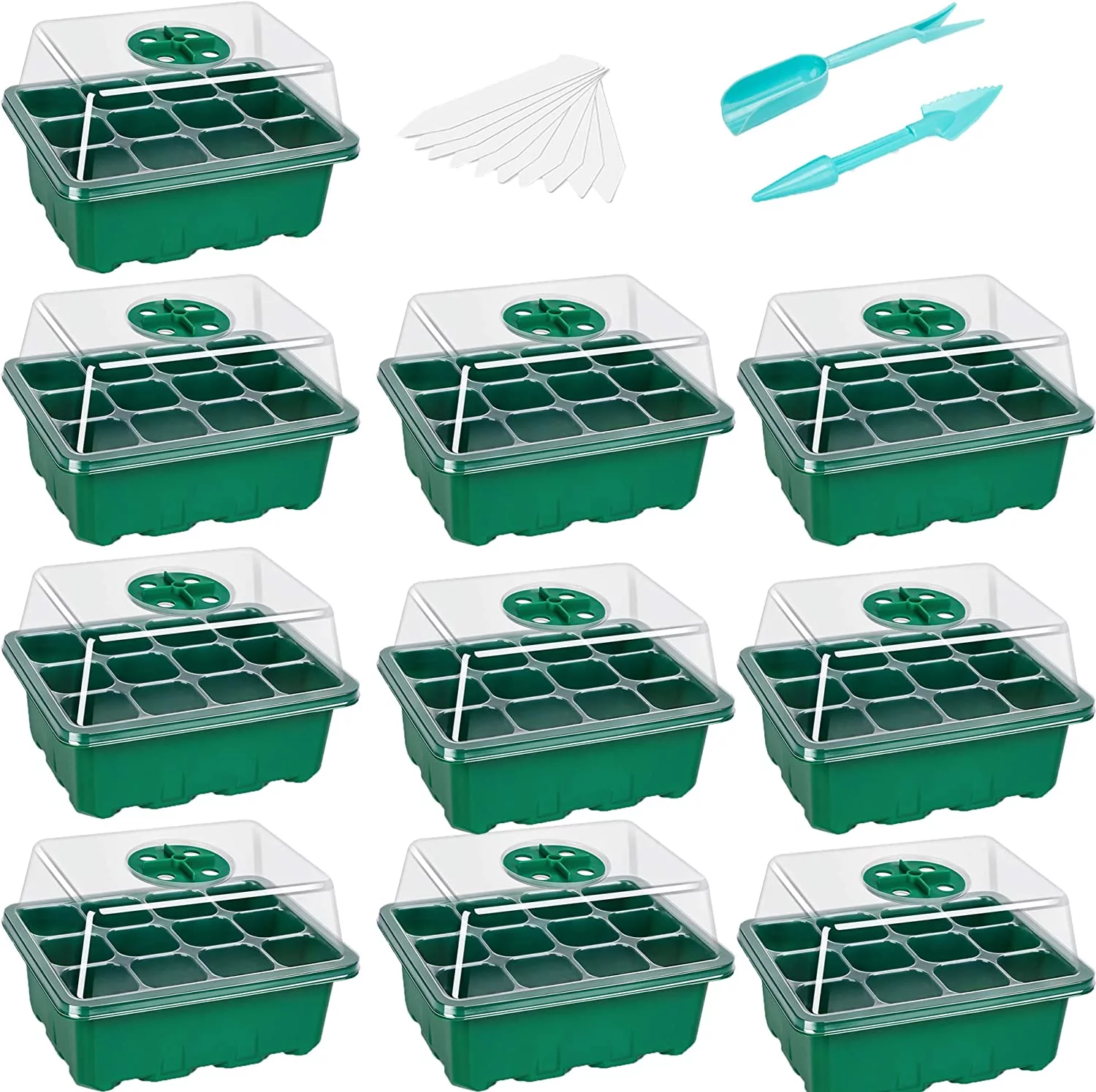 Set of 10 Seed Starter Tray Seedling Tray (12 Cells Per Tray) Humidity Adjustable Plant Starter Kit with Dome Greenhouse Grow Trays for Seeds