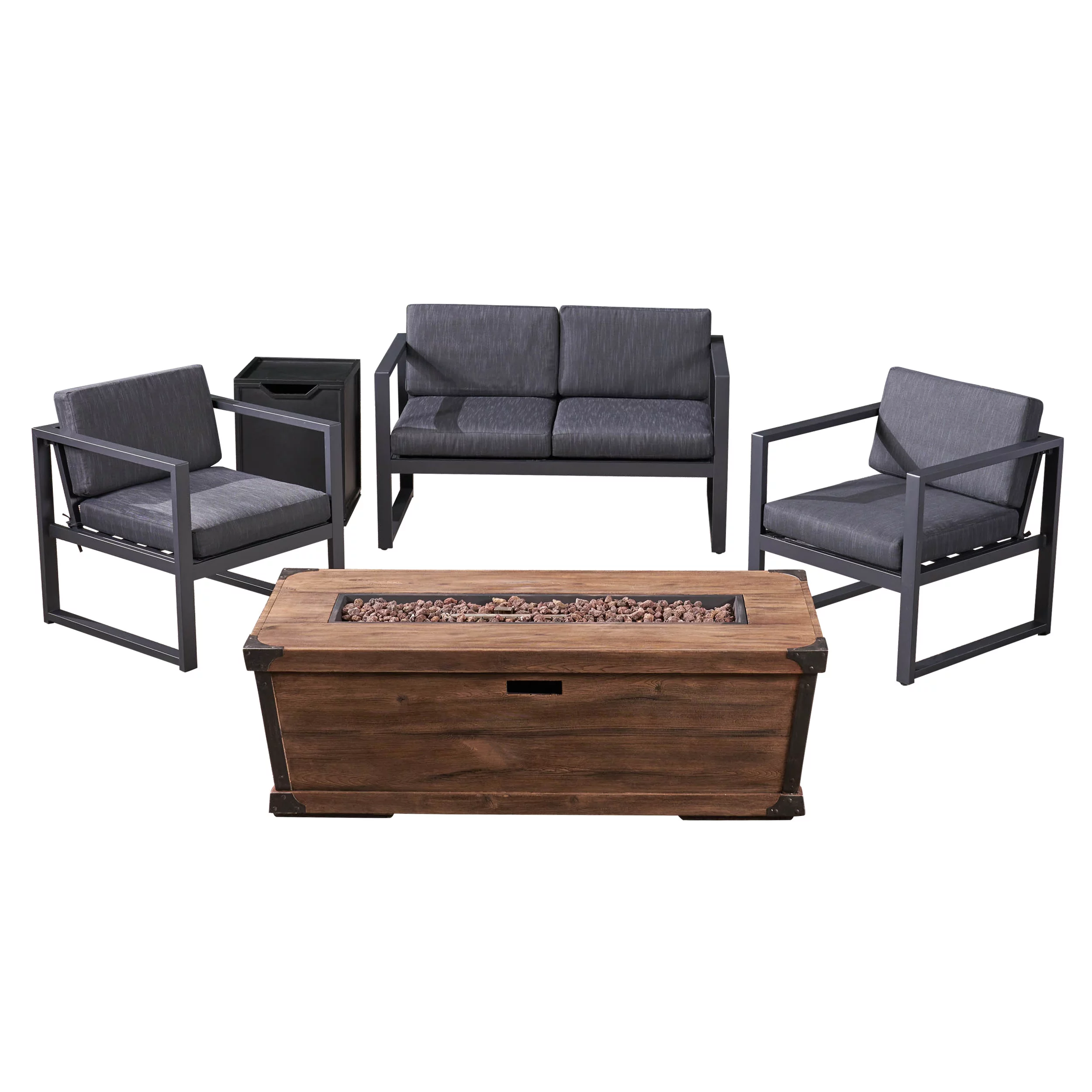 GDF Studio Carridge Outdoor Aluminum 4 Seater Chat Set with Fire Pit, Gray, Dark Gray, and Brown