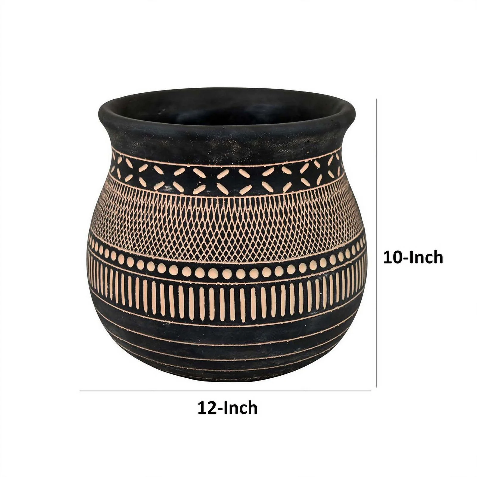 12 Inch Planter - Resin - Large Pot Shape - Tribal Design - Black and Beige