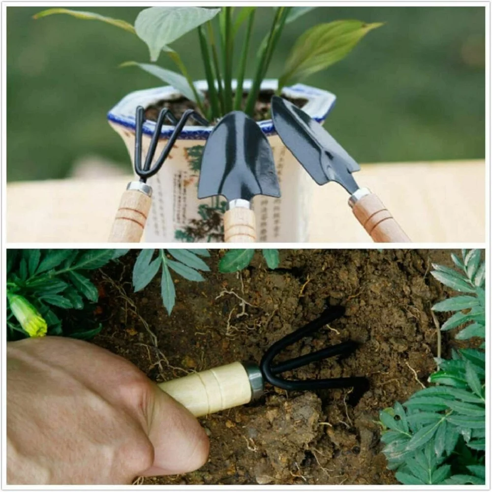 3 Piece Gardening Tool Set Mini Wood Handle Shovel Trowel Gardening Tools