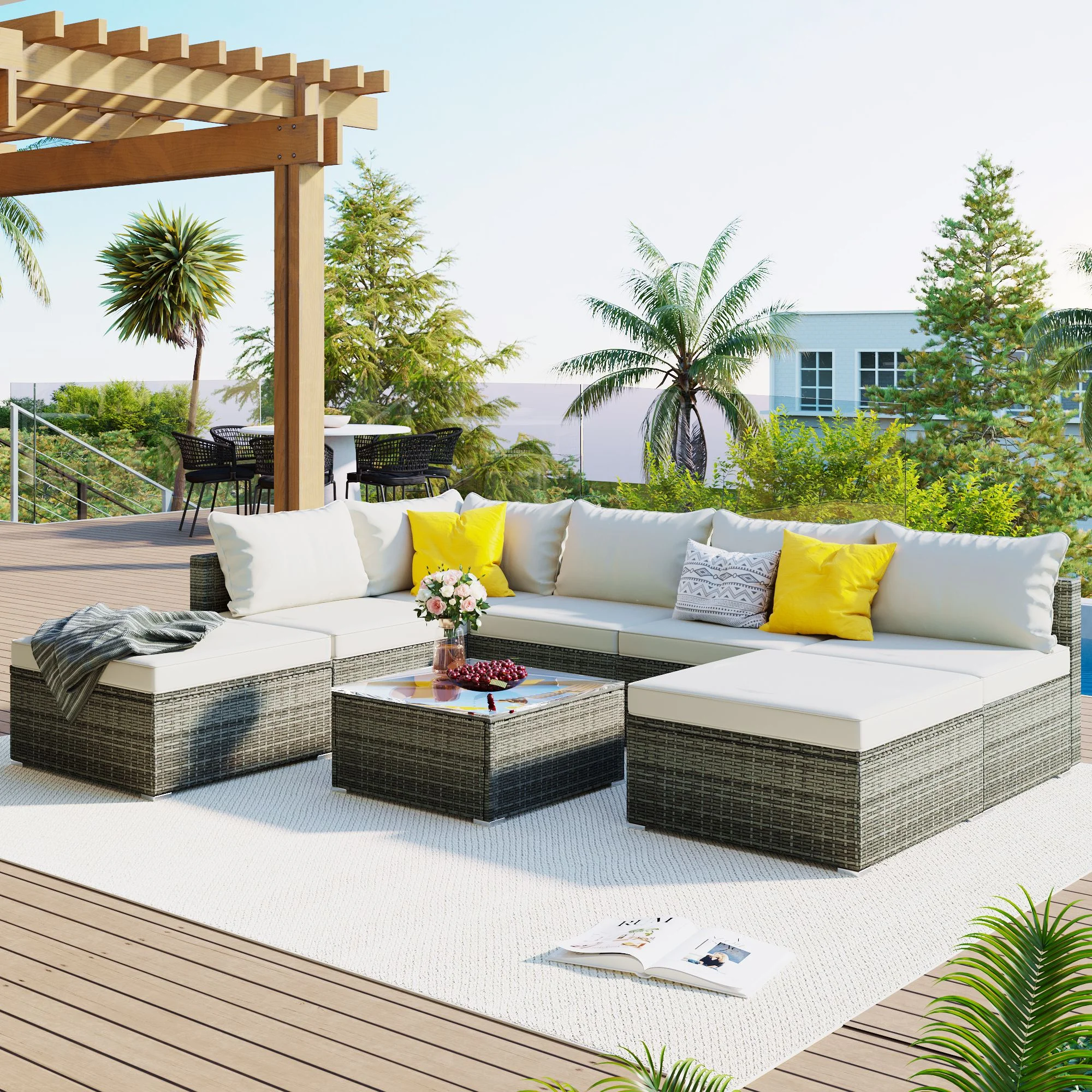 8 Pieces Combinable Outdoor Patio Furniture Set Outdoor Sectional Rattan Sofa Set Manual Wicker Patio Conversation Set with Coffee Table for Yard Deck Porch(Beige)