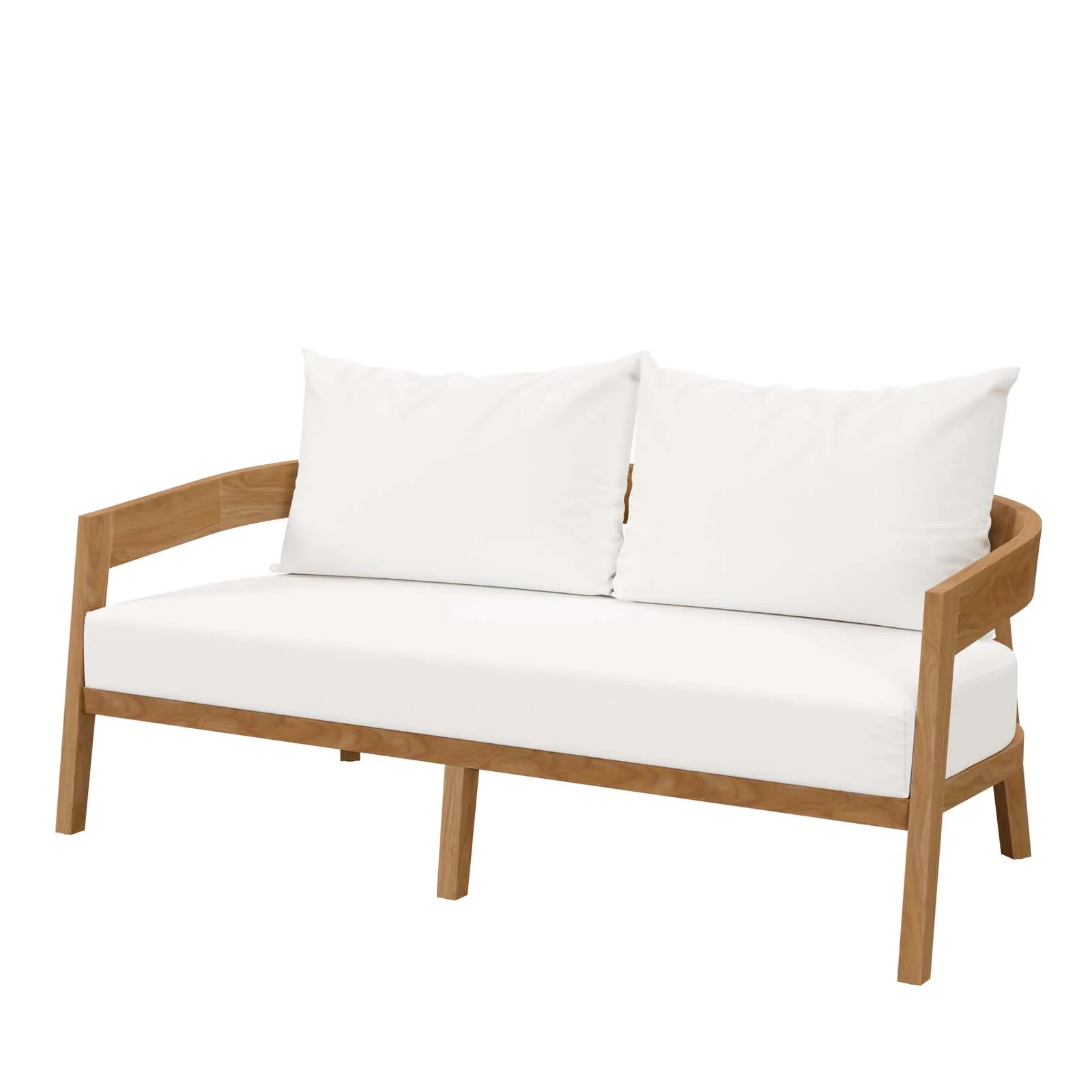 Lounge Loveseat Sofa, White Natural, Teak Wood, Fabric, Modern Contemporary, Outdoor Patio Balcony Cafe Bistro Garden Furniture Hotel Hospitality
