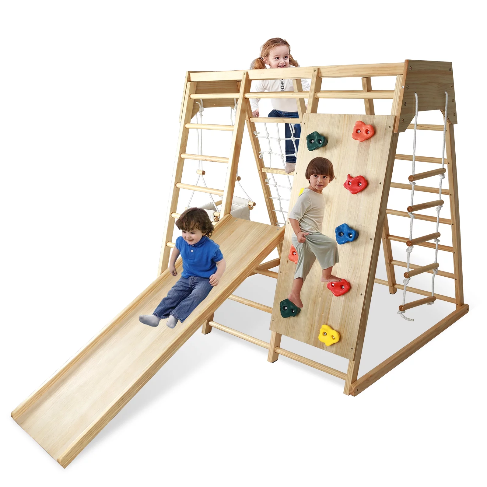 Fionafurn 8-in-1 Toddler Climbing Toys Indoor with Slide,Swing,Climbing Rock/Net,Monkey Bar,Rest Area,Gymnastic Rings for Toddlers and Kids 1-7 y.o.