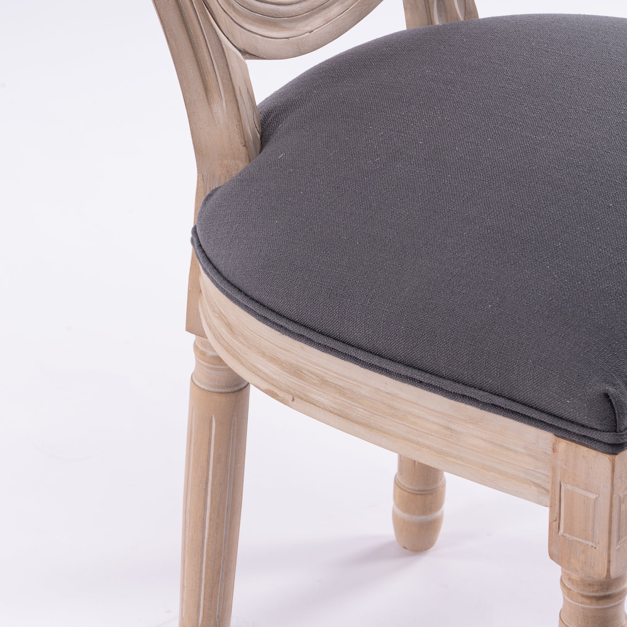 French Style Solid Wood Frame Linen Fabric Rattan Back Dining Chair, Set of 2, Gray