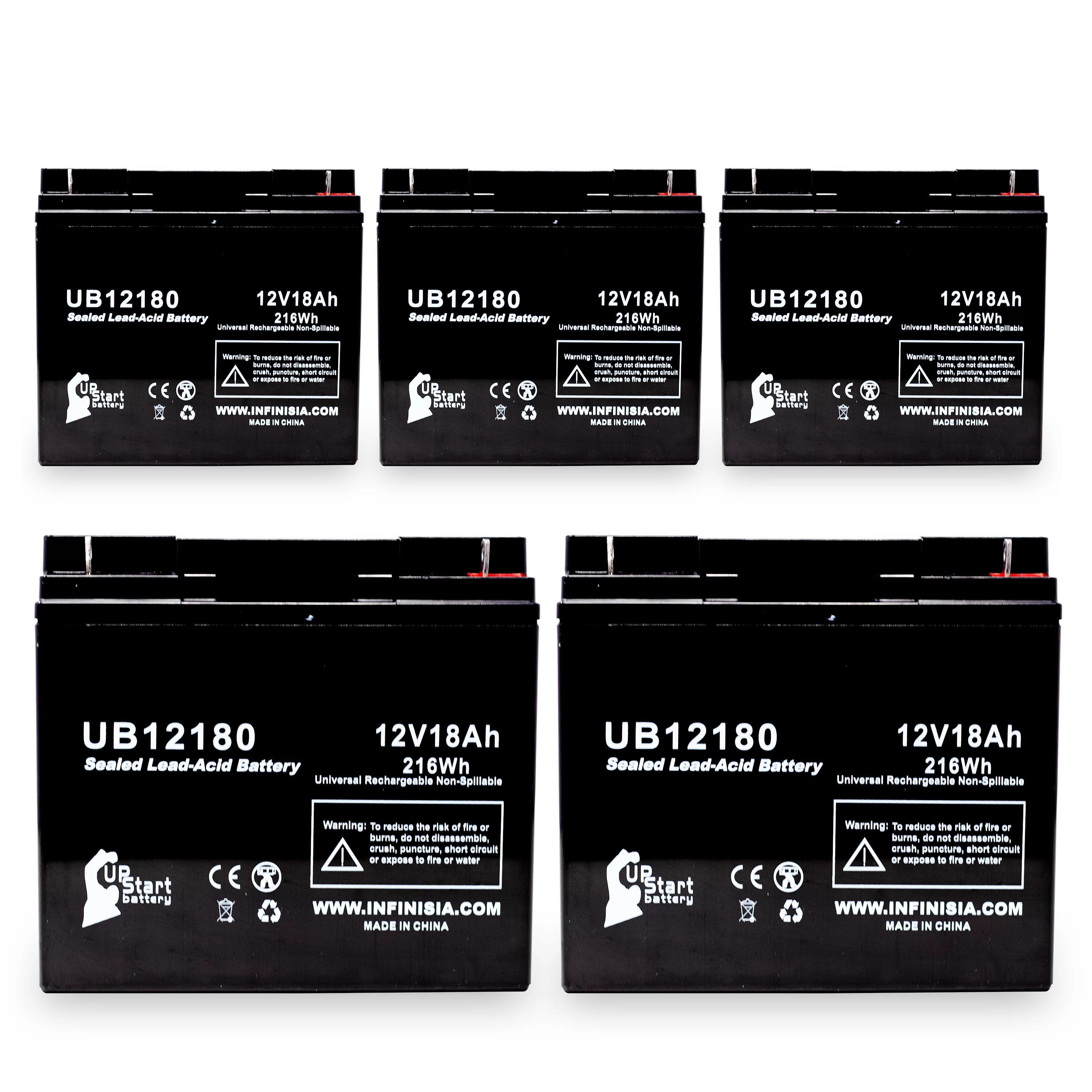 5x Pack - Compatible HITACHI HP15-12P Battery - Replacement UB12180 Universal Sealed Lead Acid Battery (12V, 18Ah, 18000mAh, T4 Terminal, AGM, SLA)