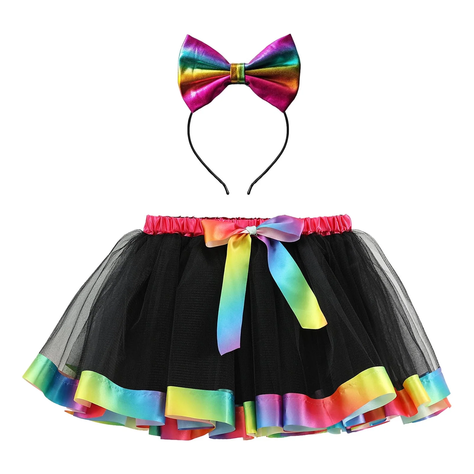 Autumn Tennis Skirt Kids Girls Ballet Skirts Party Rainbow Tulle Dance Skirt Bow Hairband Set Skirting Board Cleaner For Elderly