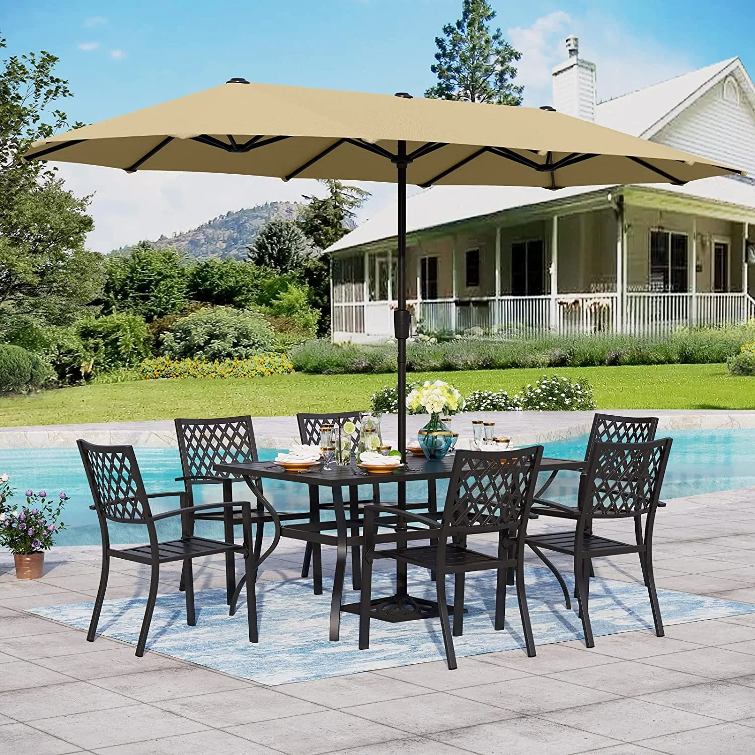 & William Patio Dining Set with 13ft Double-Sided Patio Umbrella  8 Piece Metal Outdoor Table Furniture Set with 6 Outdoor Stackable Chairs  1 Rectangle Dining Table and 1 Large Beige