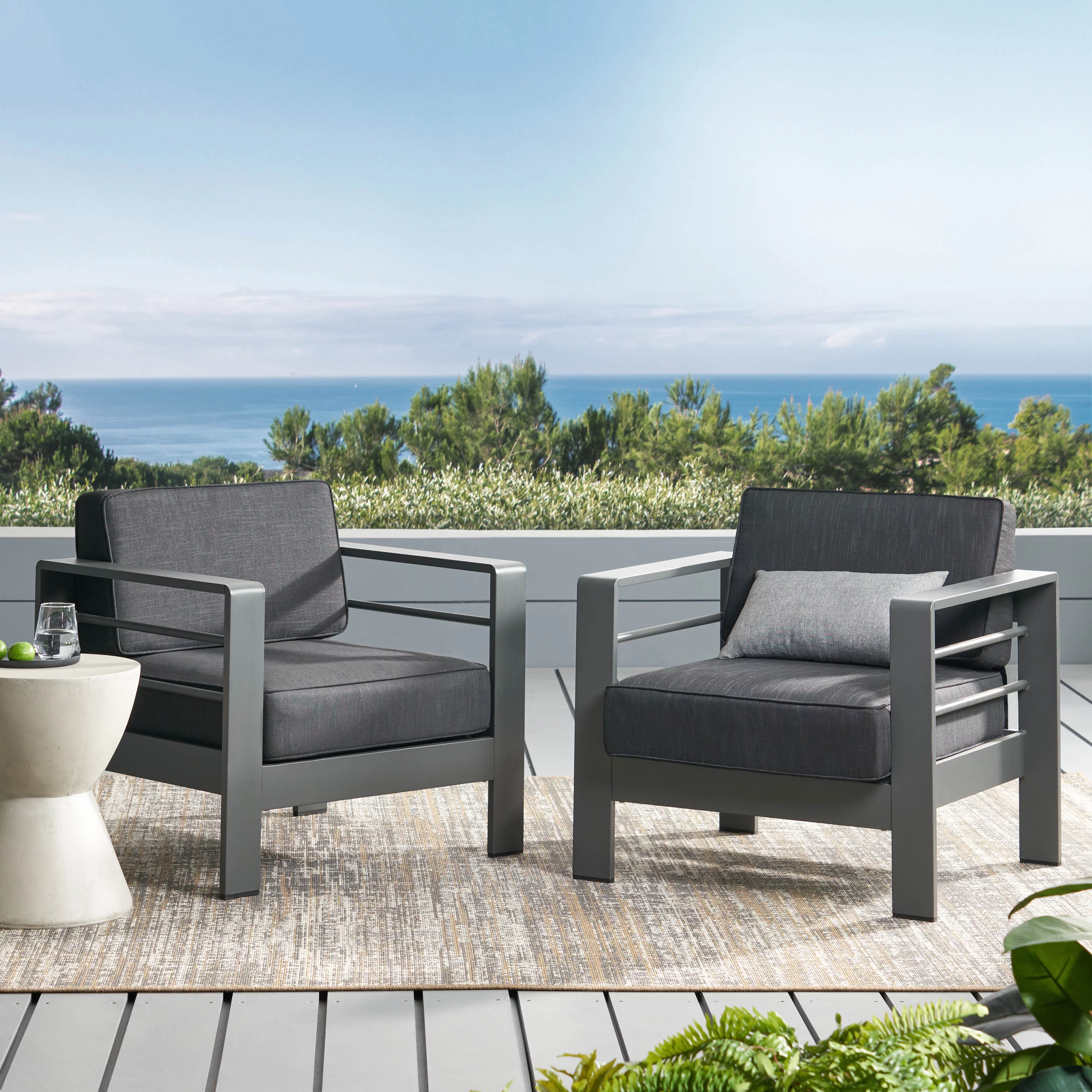 Grady Outdoor Aluminum Club Chairs with Water Resistant Cushions, Set of 2, Grey, Dark Grey