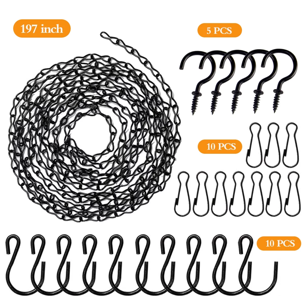 KABB Hanging Chain Set, 197 Inch Hanging Basket Chain with 10pcs S Hooks, 10pcs Connector Hooks and 5pcs Eye Hook for DIY Hanging Pendant Chains to Hang Bird Feeders, Planters, Lanterns and Ornaments
