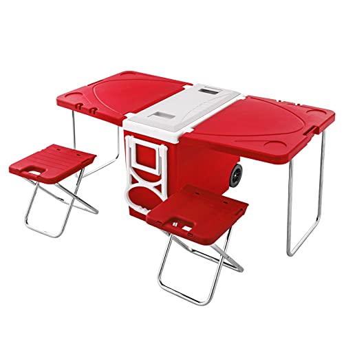 UNICOO - Multi-Function Rolling Cooler Picnic Camping Outdoor W/Table & 2 Chairs, Outdoor Picnic Foldable Upgraded Stool, Heat Insulation Box