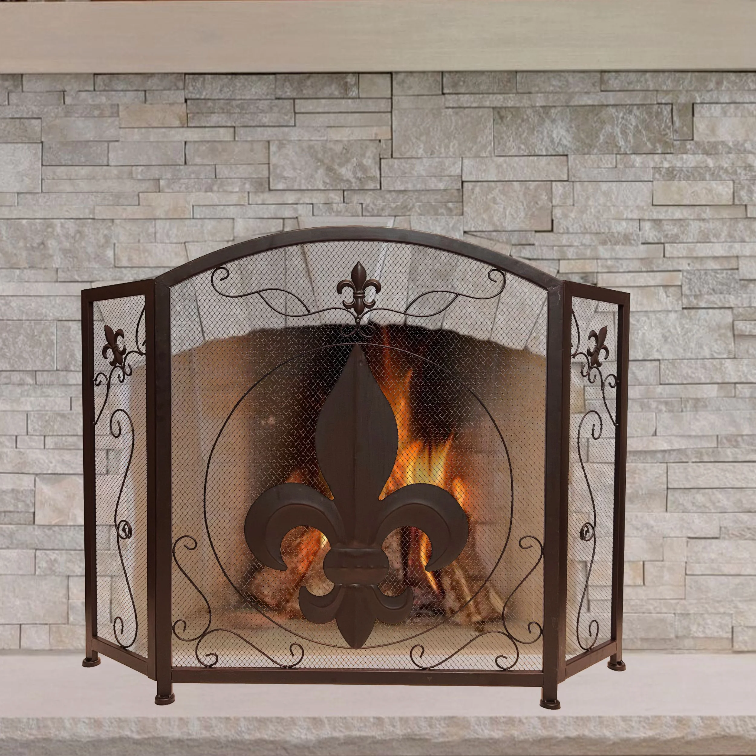 3-panel Foldable Fireplace Screen with Fleur De Lis Design