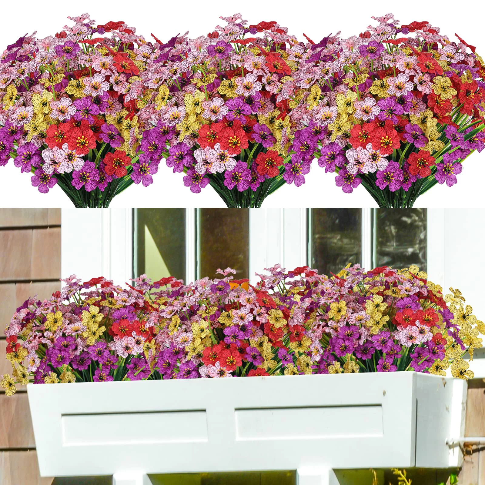 16 Bundles Artificial Flowers UV Resistant, Faux Plastic Flowers Bulk Fake Plant Outside Hanging Plants for Indoor Home Garden Patio Porch Window Decor 4 Colors