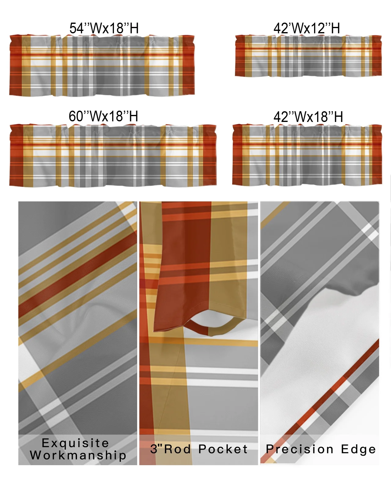 Red Orange Grey White Tartan Window Treatment Panel for Living Room Bathroom BedroomFall Thanksgiving Retro Plaid Window Treatment Drapes for Bedroom Laundry Room Farmhouse Home Decor 42x18in