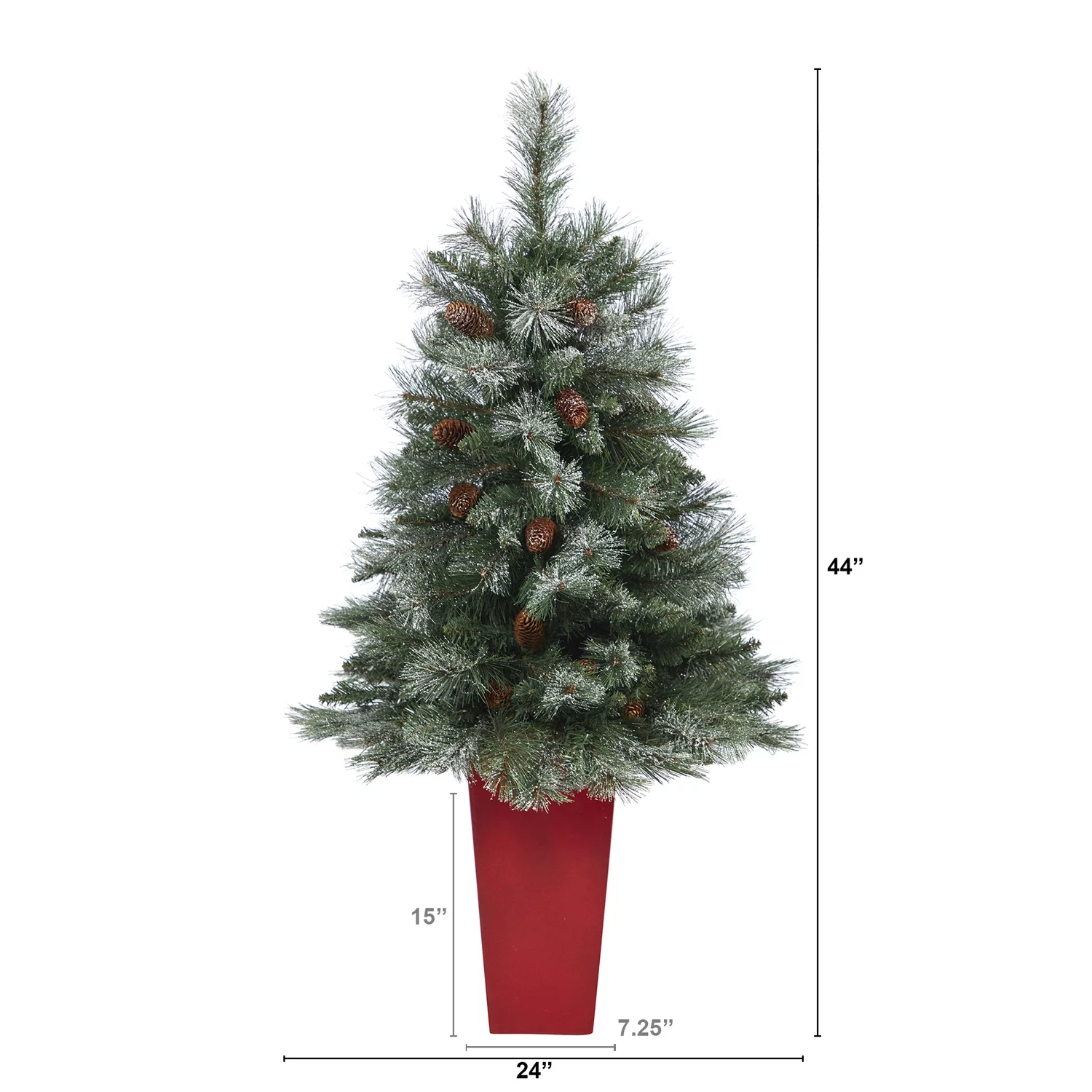 Nearly Natural 44in. Snowed French Alps Mountain Pine Artificial Christmas Tree with 135 Bendable Branches and Pine Cones in Red Planter
