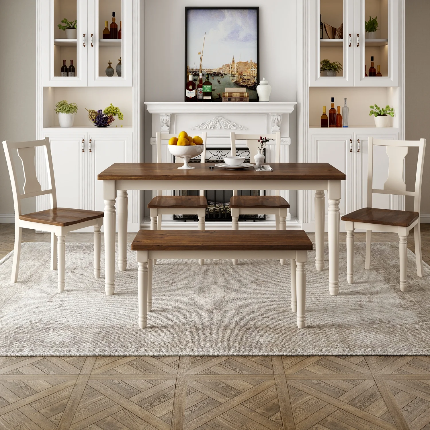 udes a sturdy table and four matching chairs  all crafted from high-quality wood for durability and style. The elegant Cottage White finish complements the warm Brown tones  creating a we