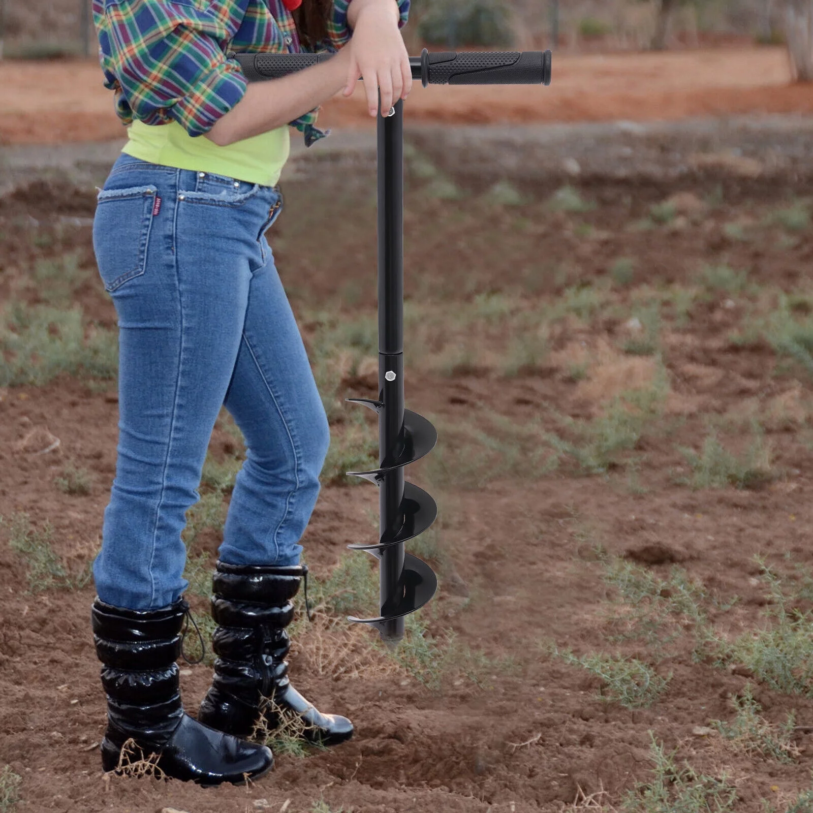 Hand Post Hole Digger T-shaped Earth Garden Auger Drill with Non-Slip Handle,Single Blade, Spiral