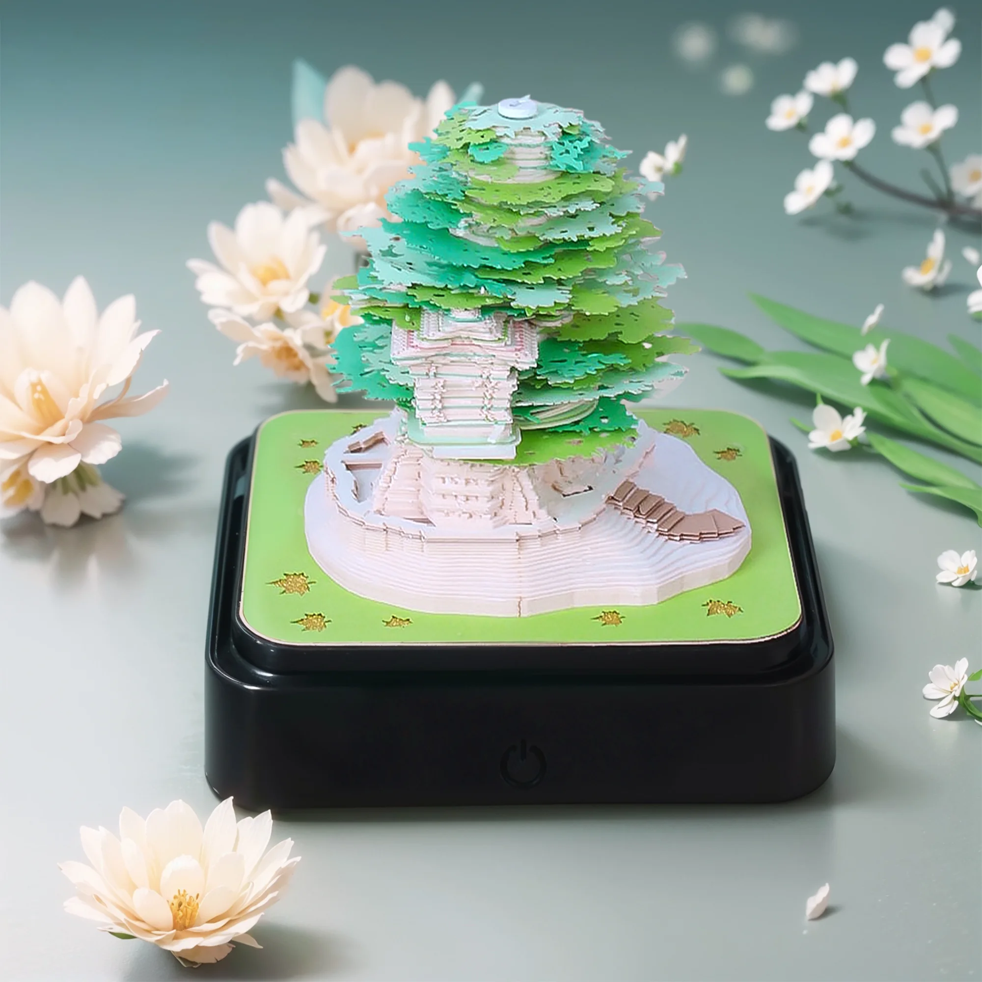 MACTANO 2024 Desk Calendar Sakura Tree Calendar Memo Pad 3D Art Paper Carving Home Decoration Green