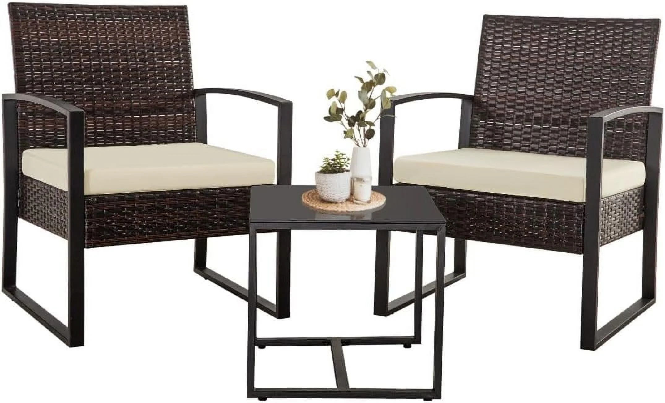 EarlGrove 3-Piece Patio Furniture Set, Outdoor Wicker Conversation Bistro Set w/ 2 Chairs, 2 Cushions, Glass Coffee Table for Garden Balcony Backyard Porch Lawn - Brown Wicker & White Cushions