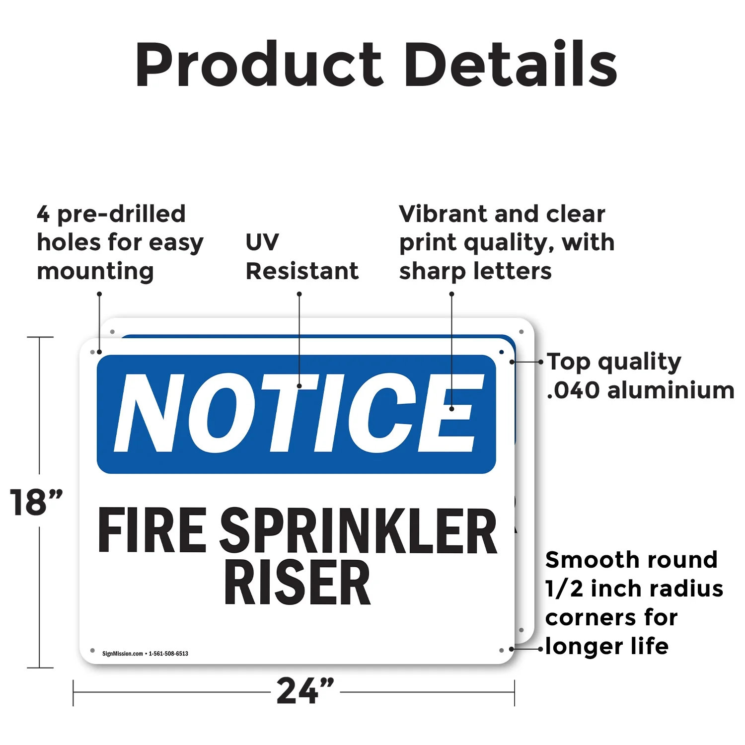(2 Pack) Fire Sprinkler Riser OSHA Notice Sign 24 Inch X 18 Inch Indoor / Outdoor Rust-Free Aluminum Metal Signs for Workplace, Workshop, and Construction Site, Made in the USA