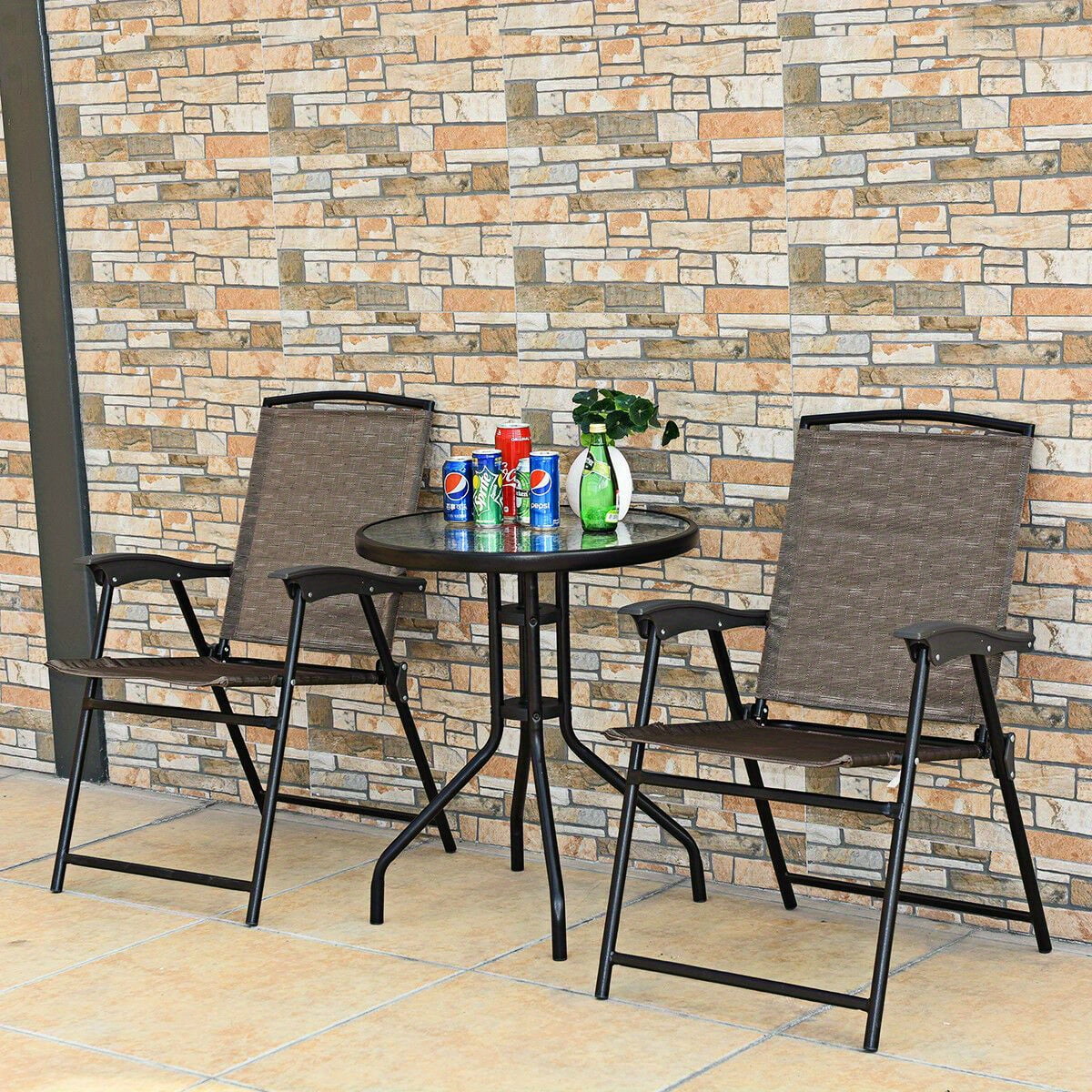 3PC Bistro Patio Garden Furniture Set 2 Folding Chairs Glass Table Top Steel NEW