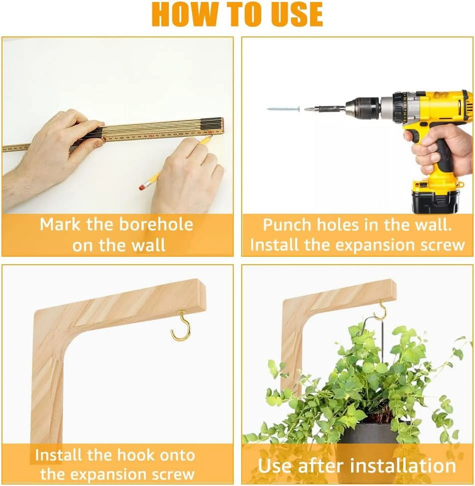 Wooden Plant Hanger Hook Heavy Duty Hanging Plant Bracket Decorative Wall Plants Hangers Indoor with 2pcs Screws and 2pcs Anchor Plugs Hole: 10mm