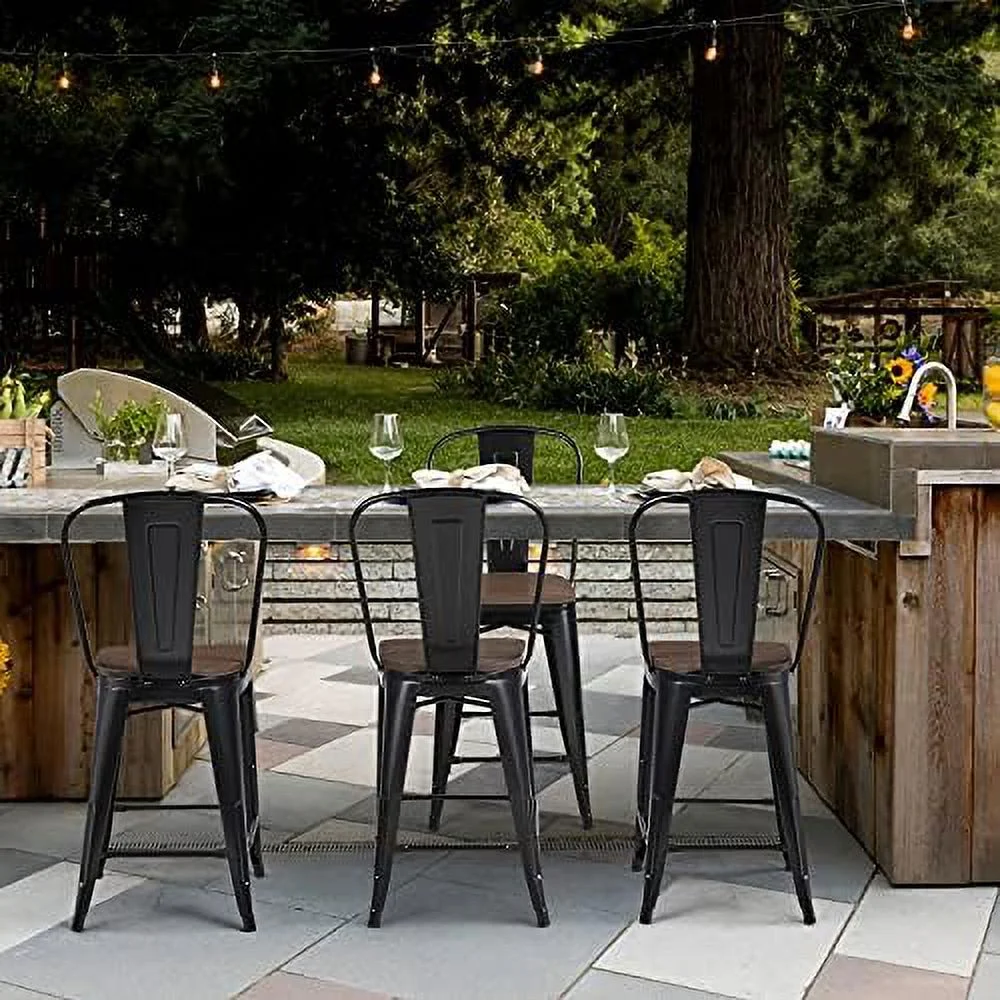 HYHBIBOOM 24Inch Seat Height Style Dining Stools Chairs with Wood Seat/Top and High Backrest  Industrial Metal Counter Height Stool  Modern Kitchen Dining  Chairs Rustic  Black  Set of 4