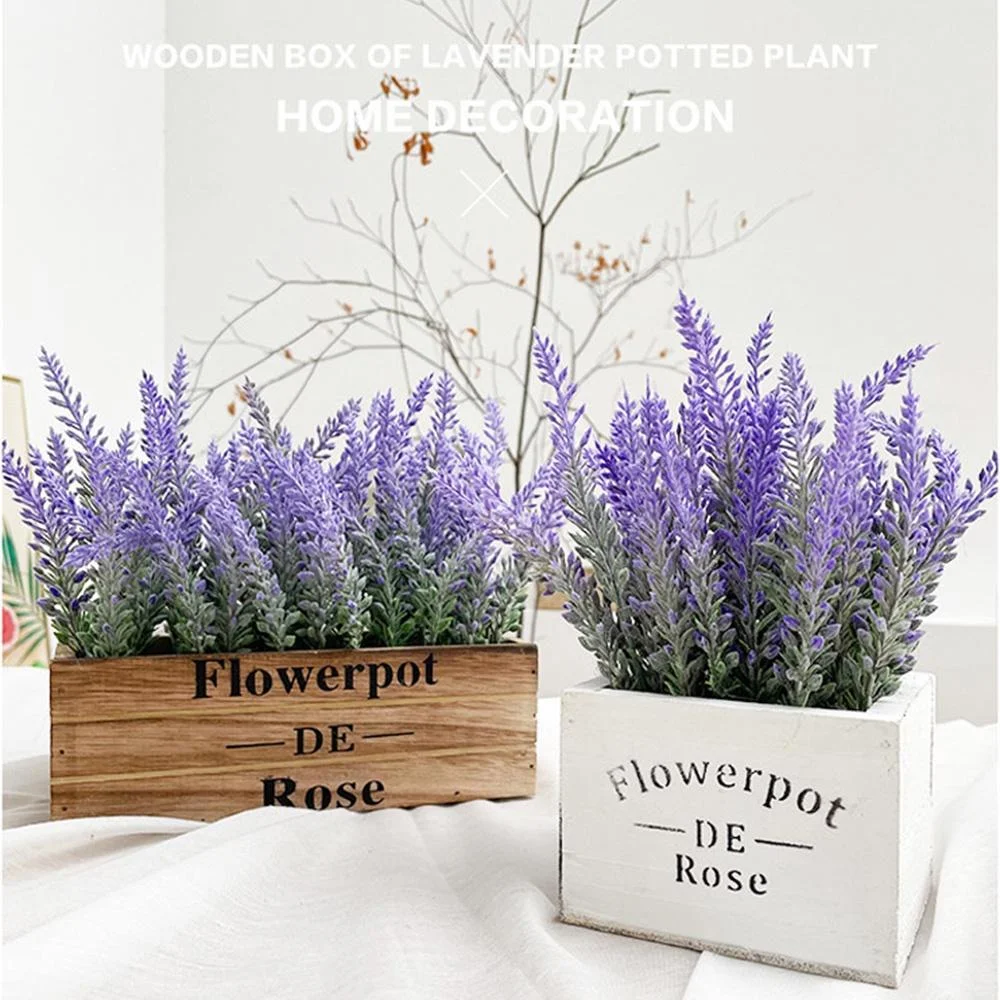 Artificial Lavender Flower Pot Simulation Lavender Pot Fake Flower Plant with Wooden box